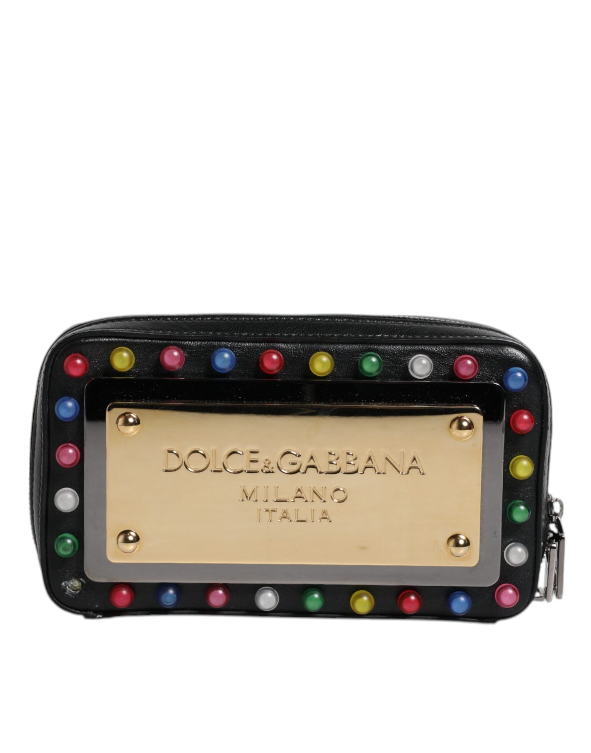 Dolce & Gabbana Black Leather LED Logo Wrist Strap Clutch Bag LUNESCAPE