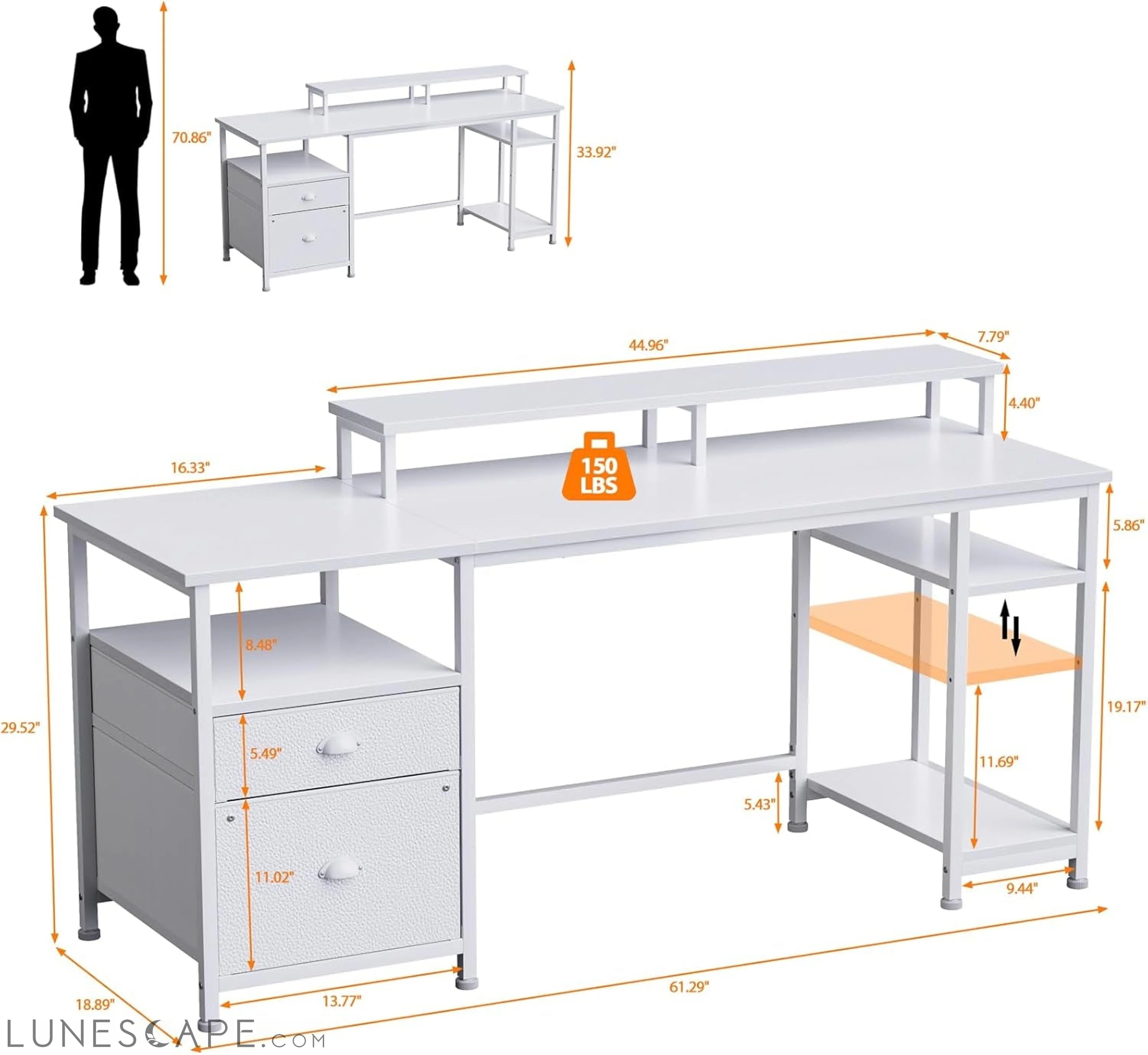 61'' Computer Desk with Fabric File Cabinet & Drawer, Reversible White LUNESCAPE