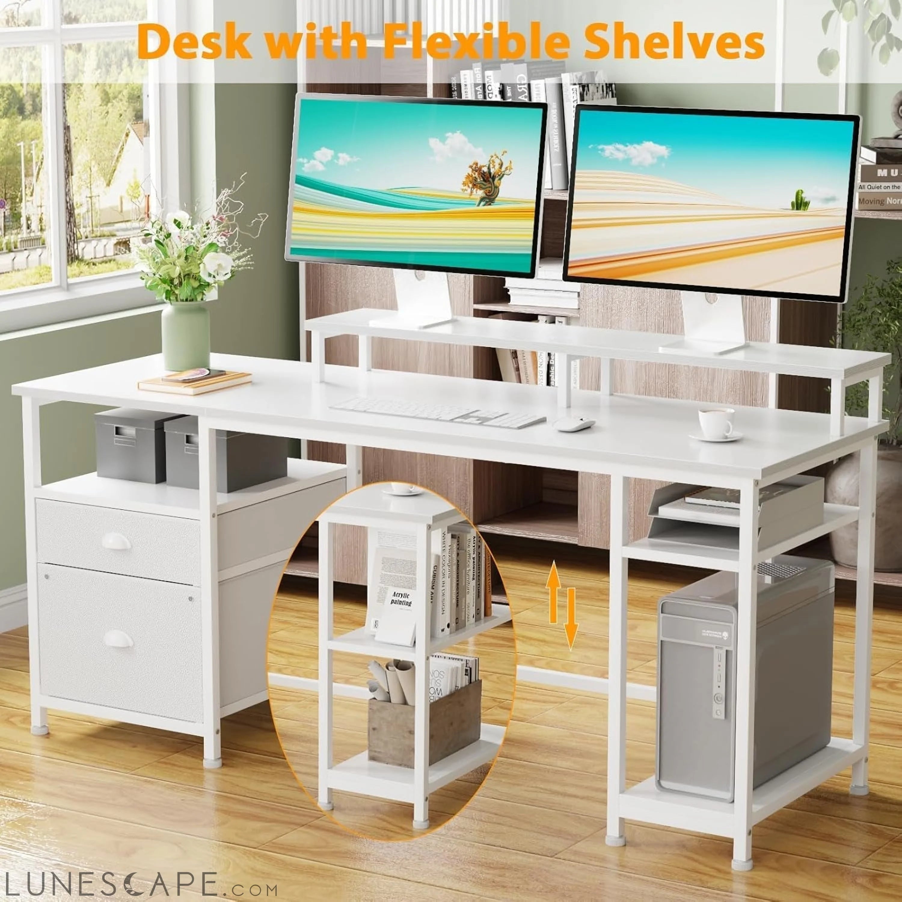 61'' Computer Desk with Fabric File Cabinet & Drawer, Reversible White LUNESCAPE