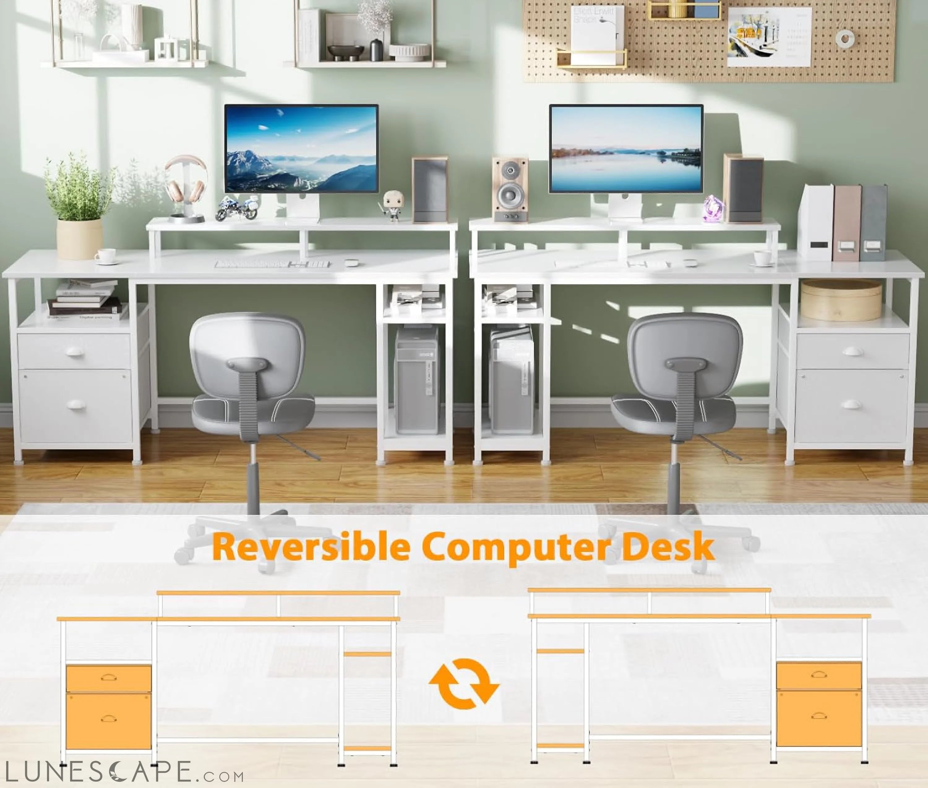 61'' Computer Desk with Fabric File Cabinet & Drawer, Reversible White LUNESCAPE