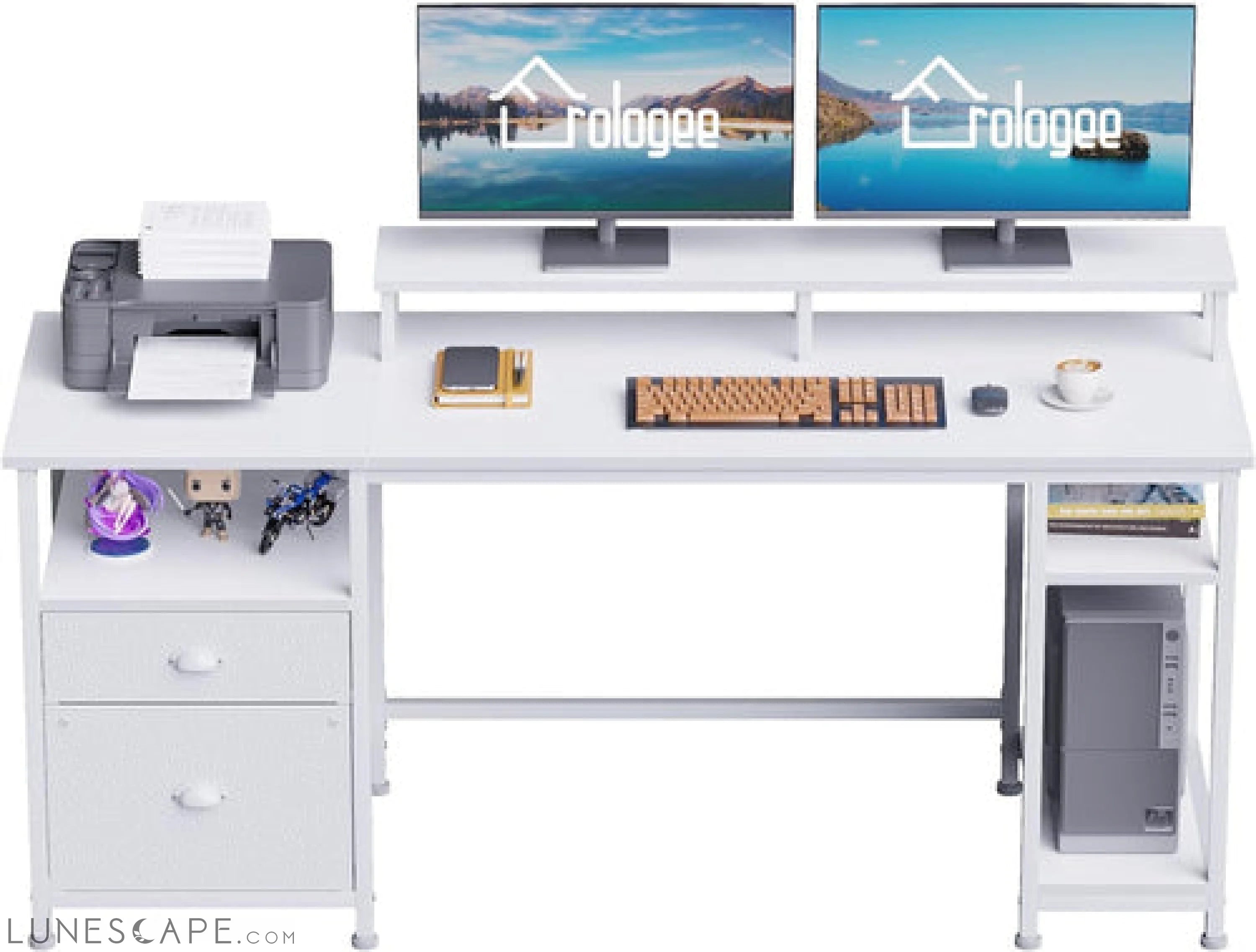 61'' Computer Desk with Fabric File Cabinet & Drawer, Reversible White LUNESCAPE