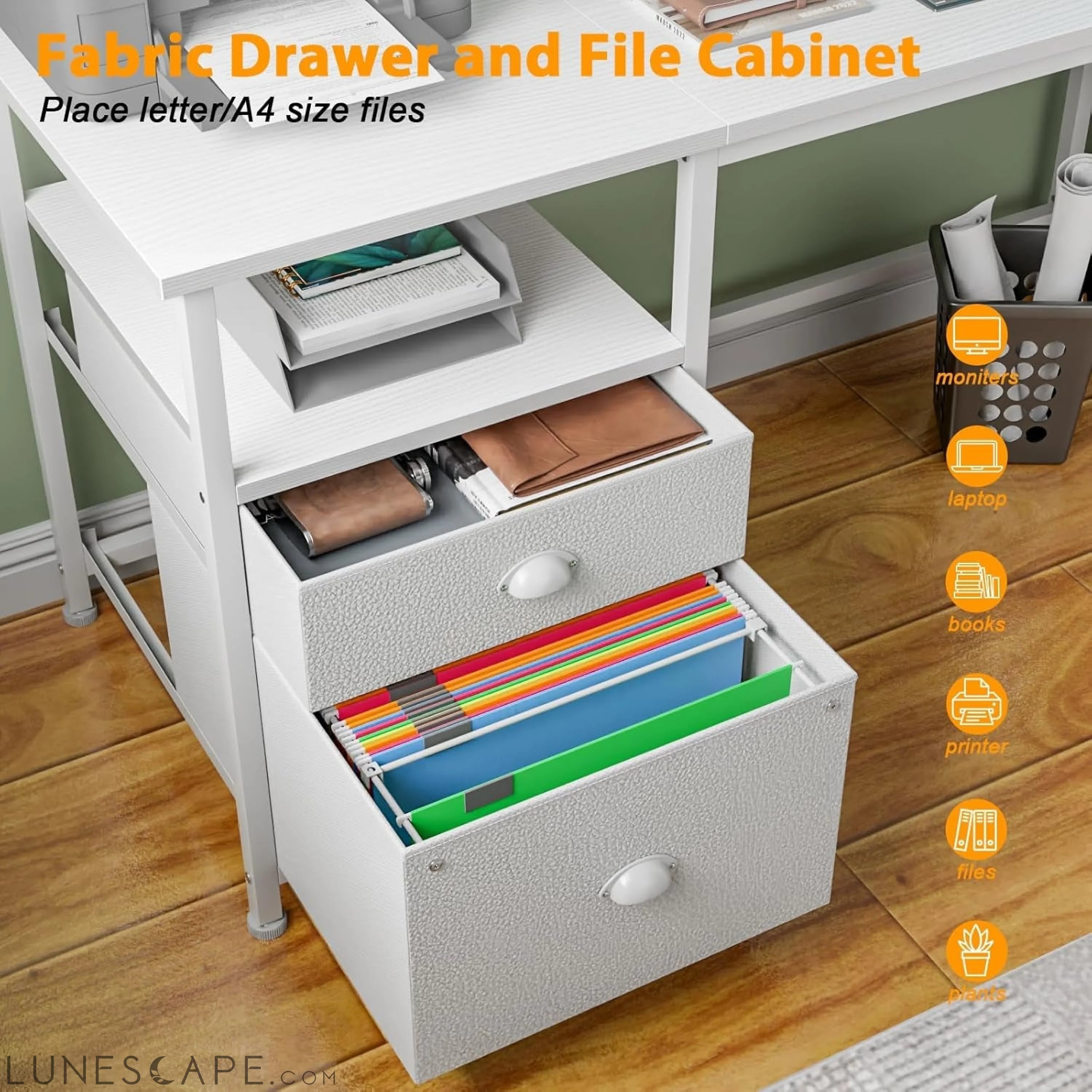 61'' Computer Desk with Fabric File Cabinet & Drawer, Reversible White LUNESCAPE