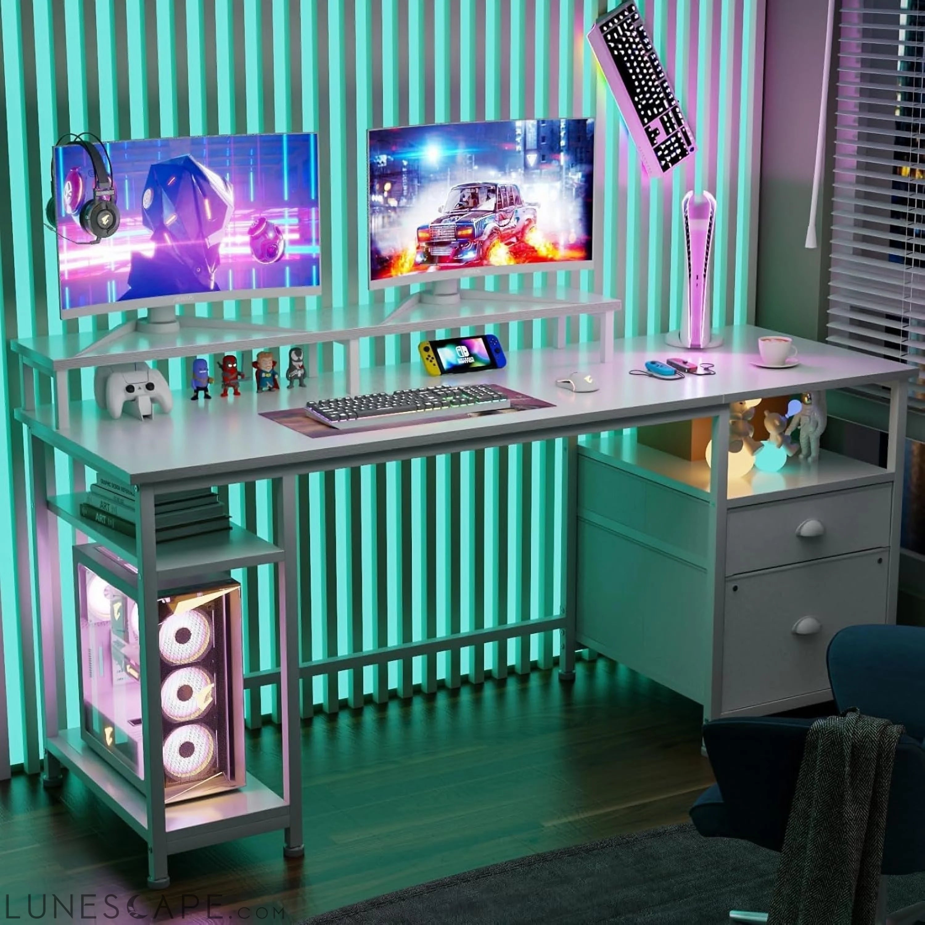 61'' Computer Desk with Fabric File Cabinet & Drawer, Reversible White LUNESCAPE