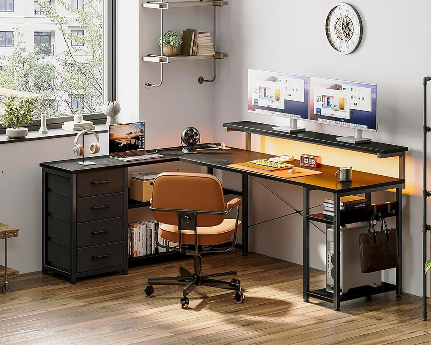 61" L Shaped Desk with Drawer, Computer Desk with Power Outlets & LED LUNESCAPE