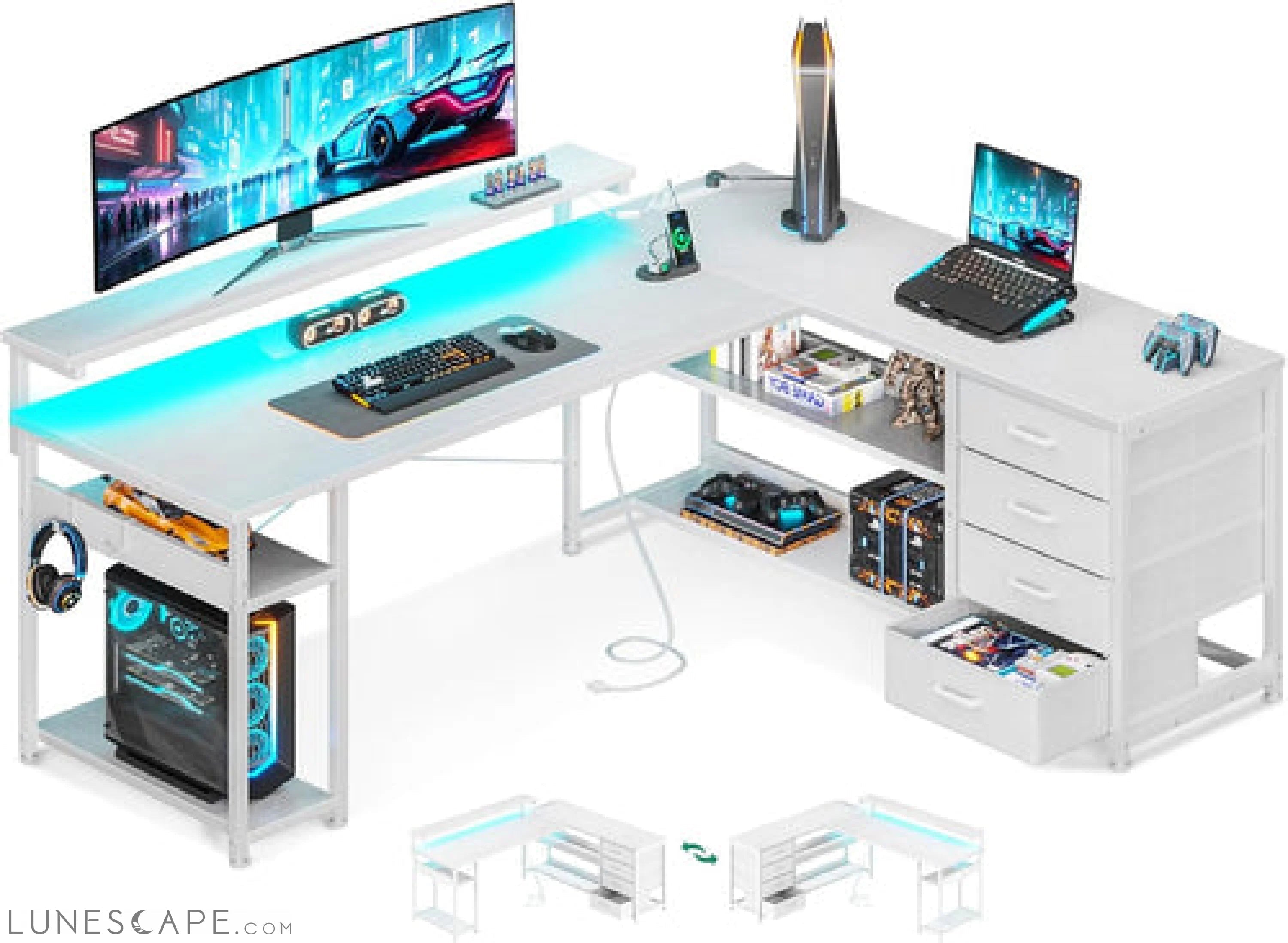 61" L Shaped Desk with Drawer, Computer Desk with Power Outlets & LED LUNESCAPE