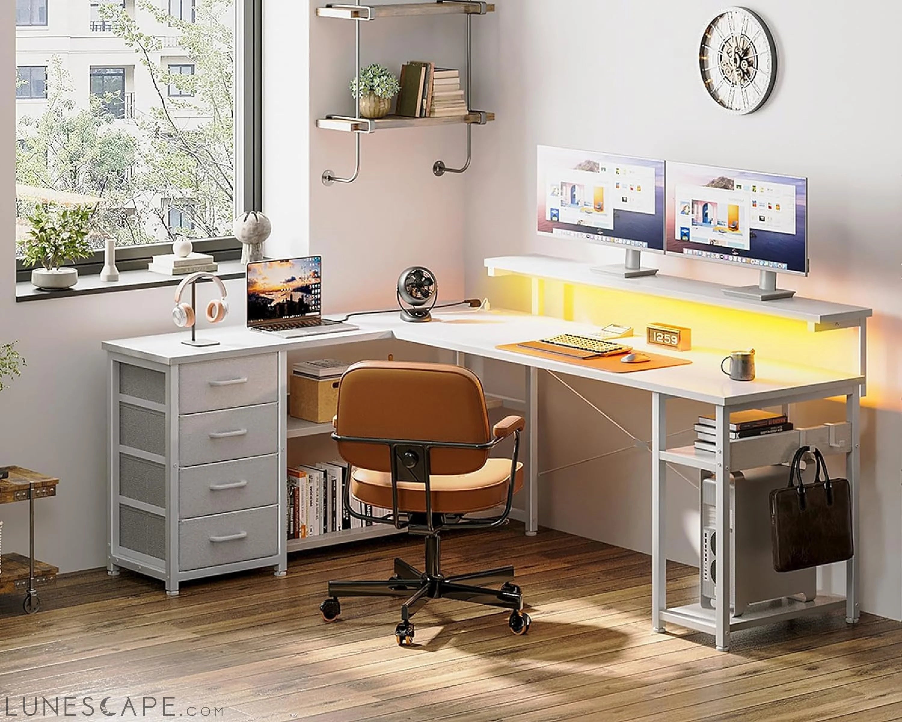 61" L Shaped Desk with Drawer, Computer Desk with Power Outlets & LED LUNESCAPE