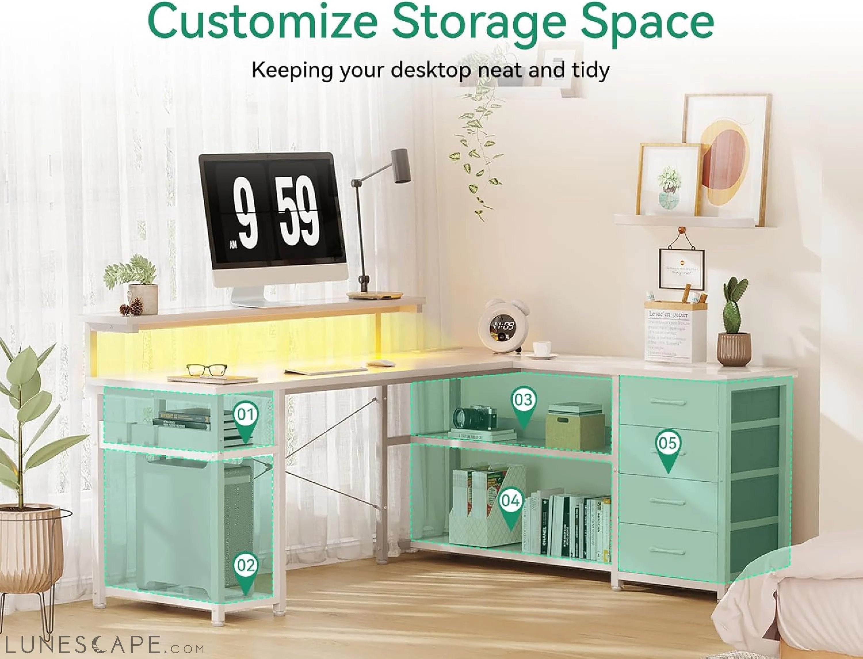 61" L Shaped Desk with Drawer, Computer Desk with Power Outlets & LED LUNESCAPE
