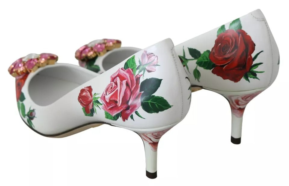 Dolce & Gabbana White Leather Roses Crystal Pumps Shoes LUNESCAPE