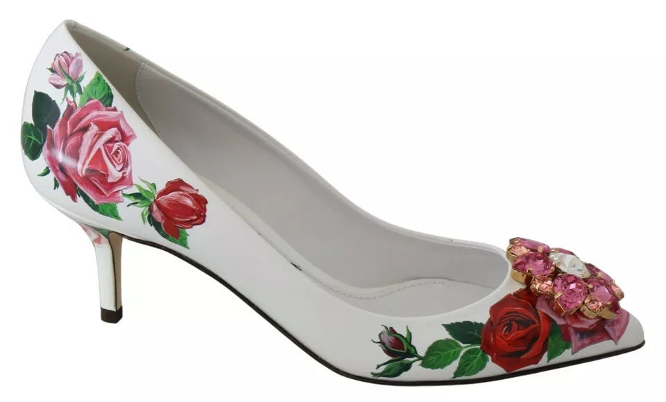 Dolce & Gabbana White Leather Roses Crystal Pumps Shoes LUNESCAPE