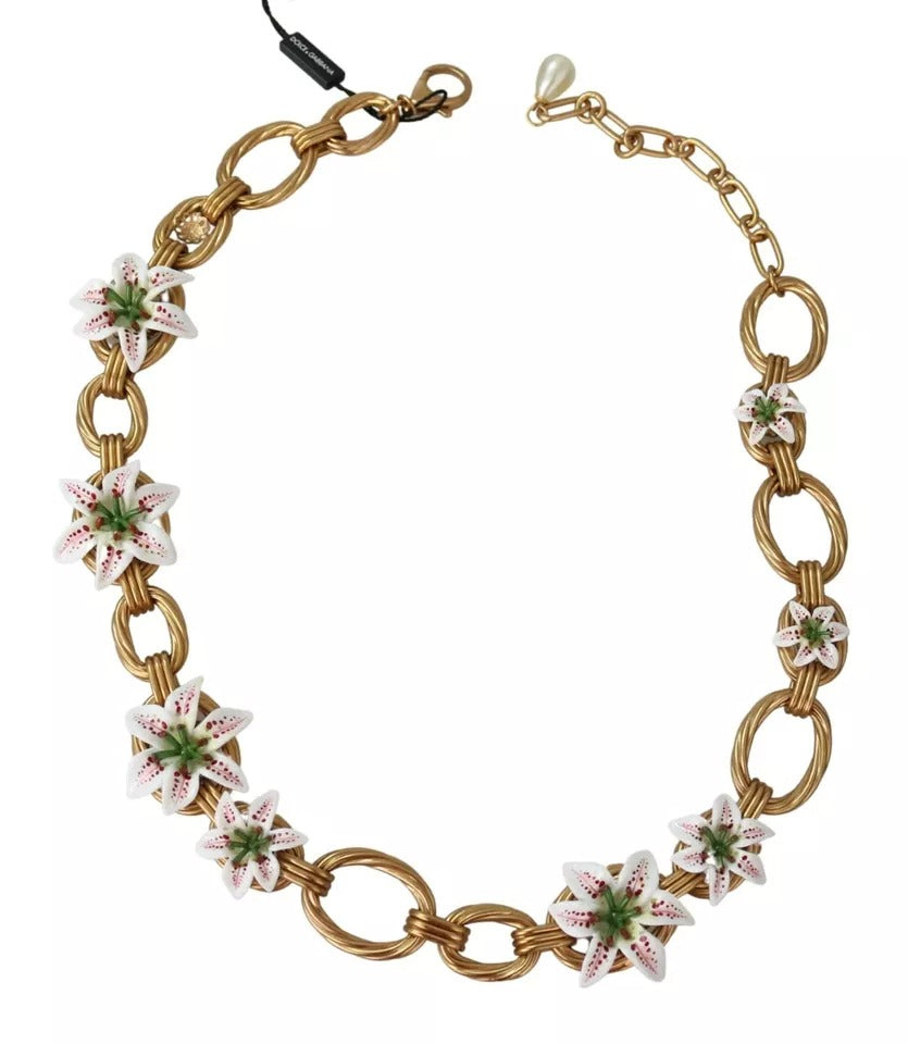 Dolce & Gabbana Gold Brass Oversize Chain LILY Flowers Necklace LUNESCAPE