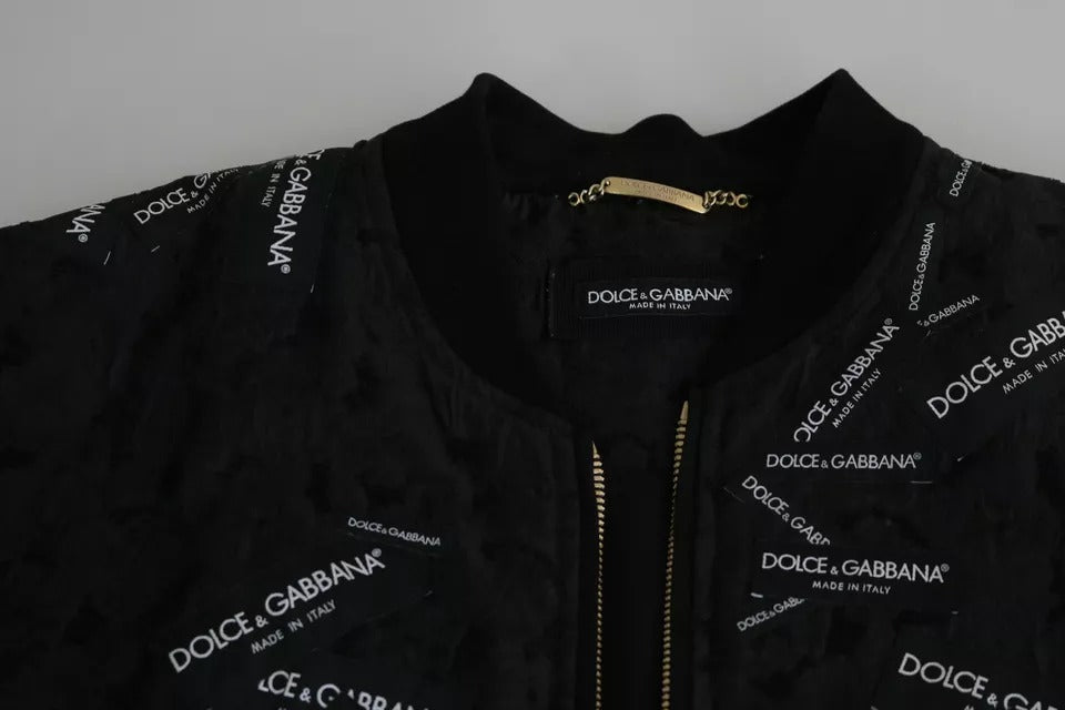 Dolce & Gabbana Black Logo Patch Brocade Bomber Full Zip Jacket