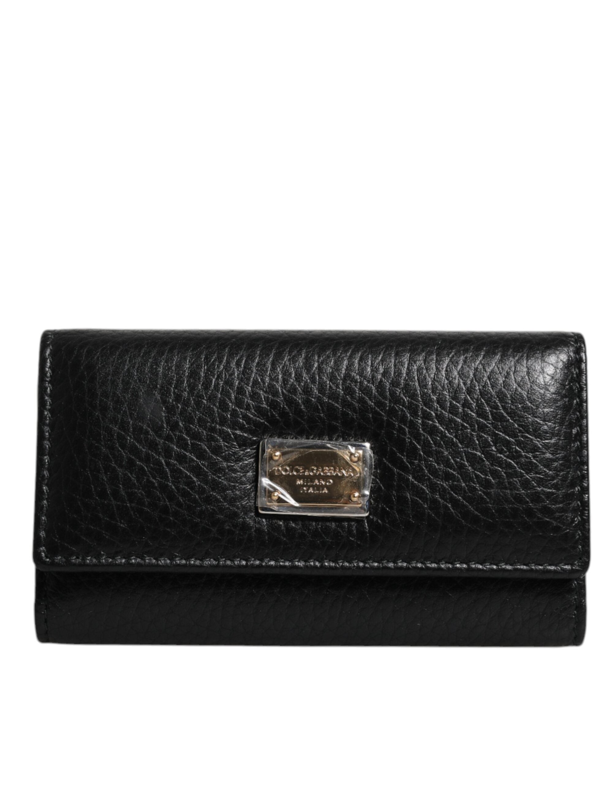 Dolce & Gabbana Black Leather Gold Metal Logo Plaque Trifold Keyring LUNESCAPE
