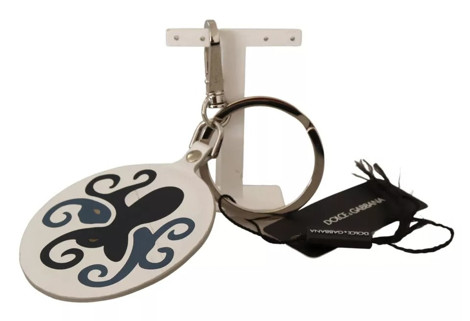 Dolce & Gabbana White Leather Printed Metal Silver Tone Keyring Keychain LUNESCAPE