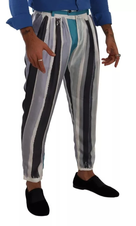 Dolce & Gabbana Blue Striped Silk Tapered Pants LUNESCAPE