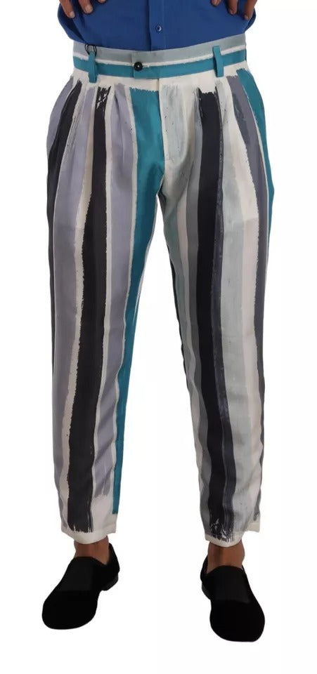 Dolce & Gabbana Blue Striped Silk Tapered Pants LUNESCAPE