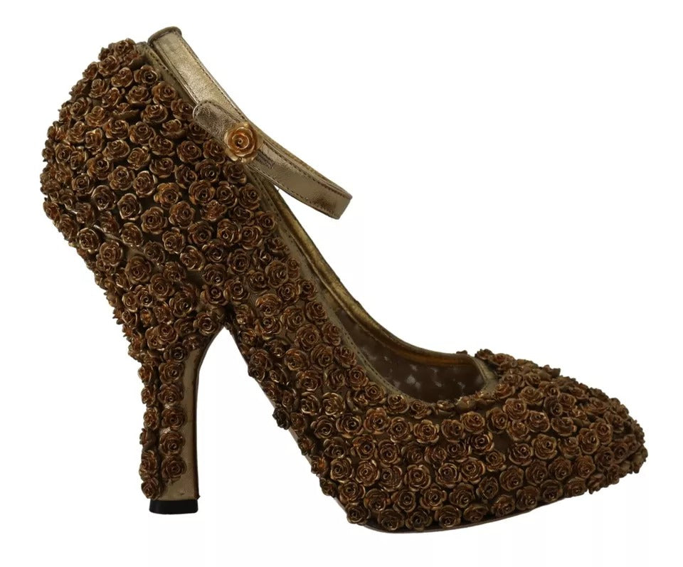 Dolce & Gabbana Gold Roses Embellished Heels Pumps Shoes LUNESCAPE