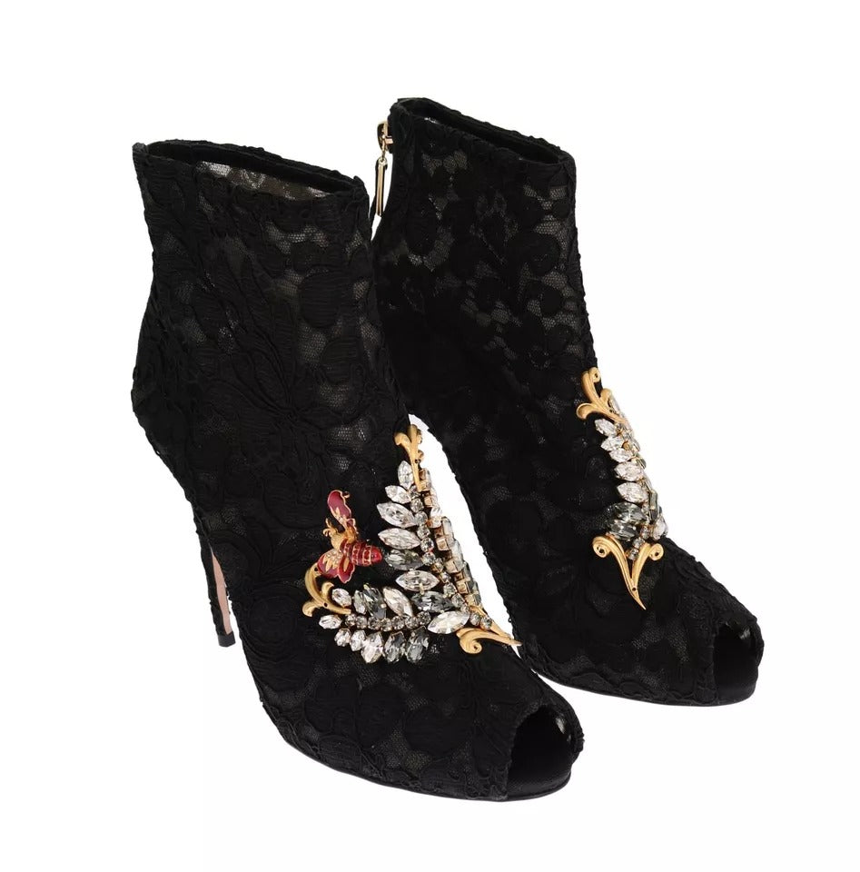 Dolce & Gabbana Black Crystal Lace Booties Stilettos Shoes LUNESCAPE