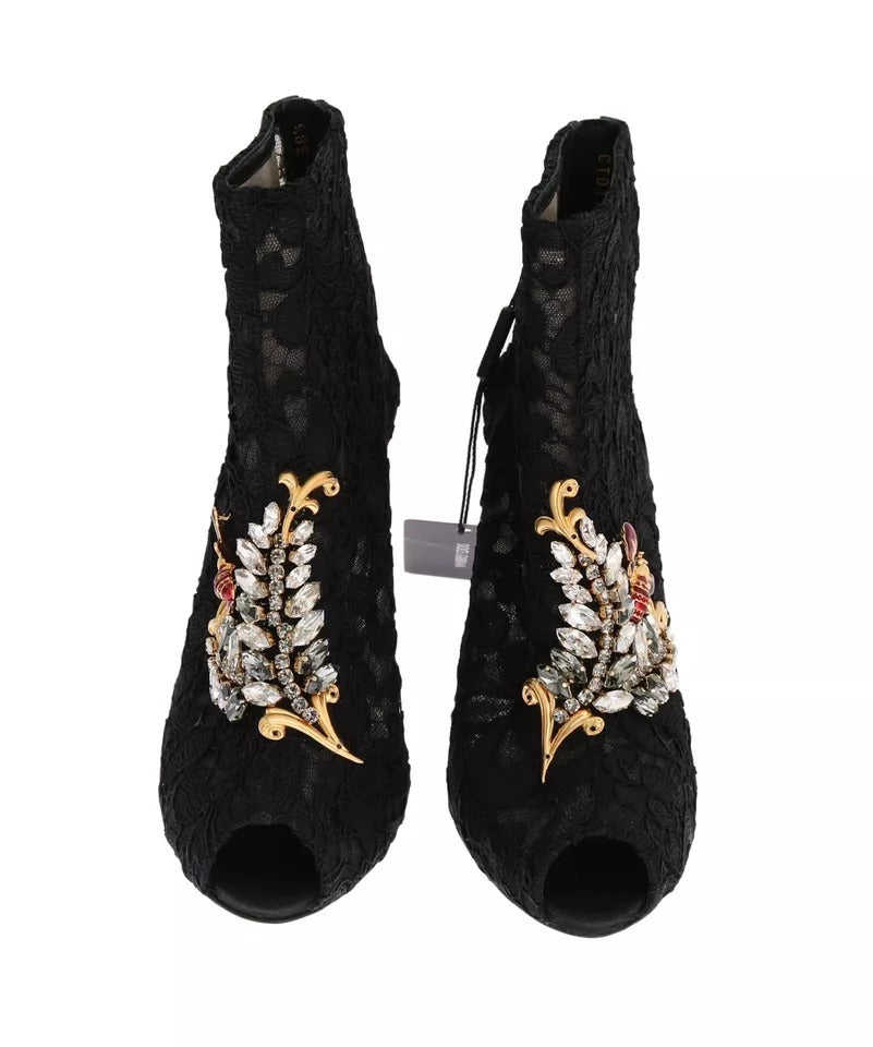 Dolce & Gabbana Black Crystal Lace Booties Stilettos Shoes LUNESCAPE