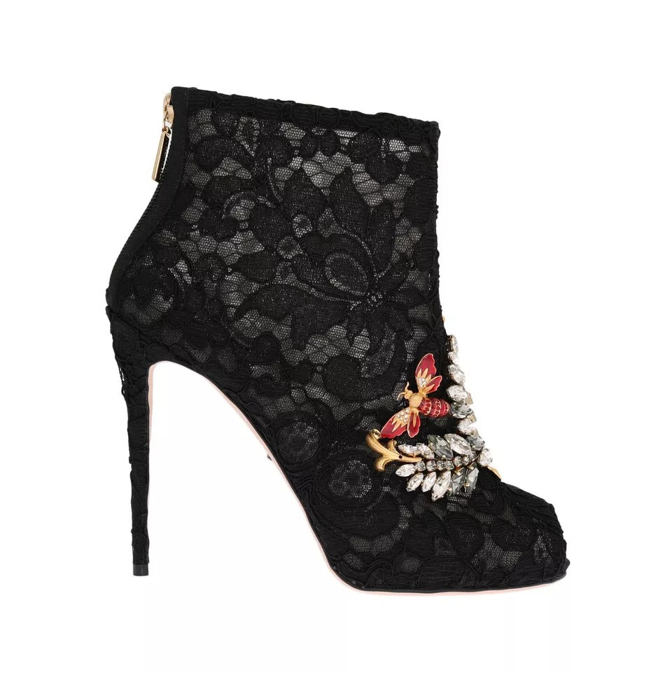 Dolce & Gabbana Black Crystal Lace Booties Stilettos Shoes LUNESCAPE