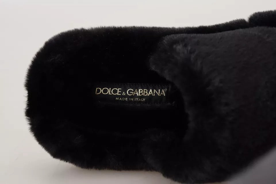 Dolce & Gabbana Black Polyester Faux Fur Mens Flats Sandals Shoes
