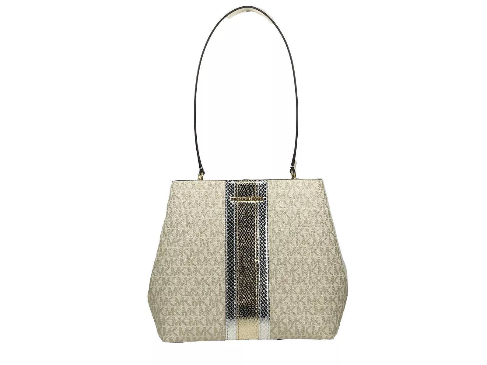 Michael Kors Medium Pratt Bucket Shoulder Bag Purse Pale Gold/Cream LUNESCAPE