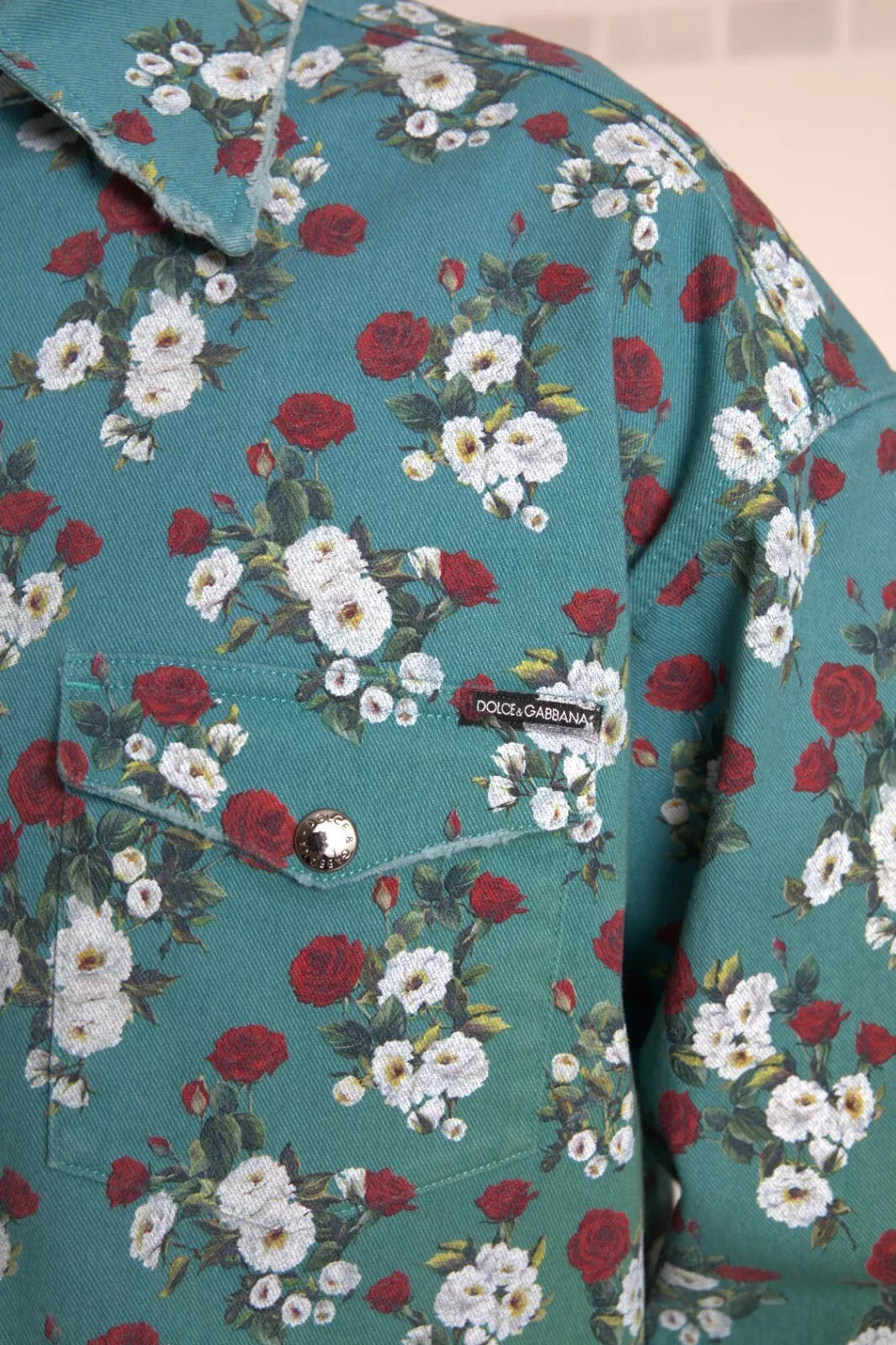 Dolce & Gabbana Blue Floral Cotton Button Down Denim Shirt