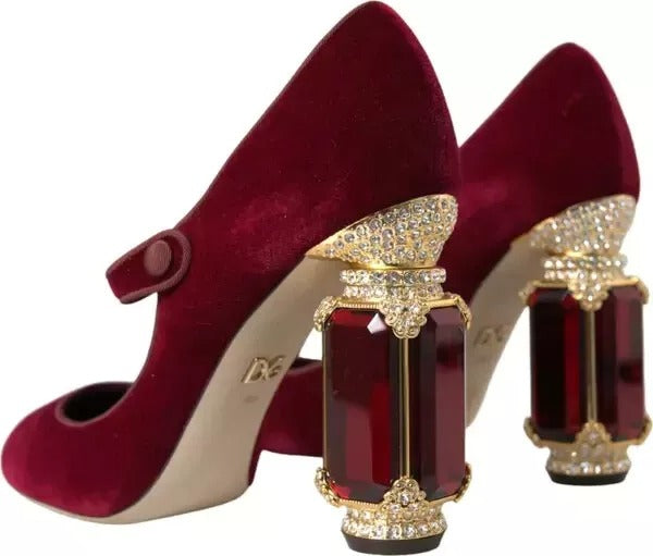 Dolce & Gabbana Red Velvet Gold Crystals Heels Mary Janes Shoes LUNESCAPE