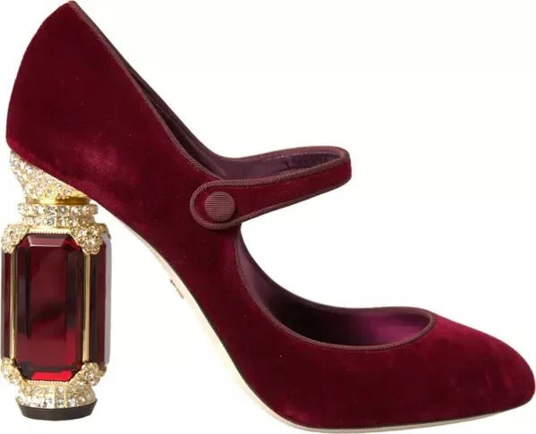 Dolce & Gabbana Red Velvet Gold Crystals Heels Mary Janes Shoes LUNESCAPE