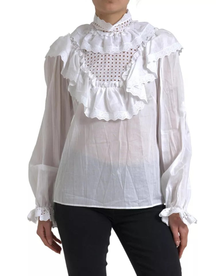 Dolce & Gabbana White Cotton Lace Trim Turtle Neck Blouse LUNESCAPE
