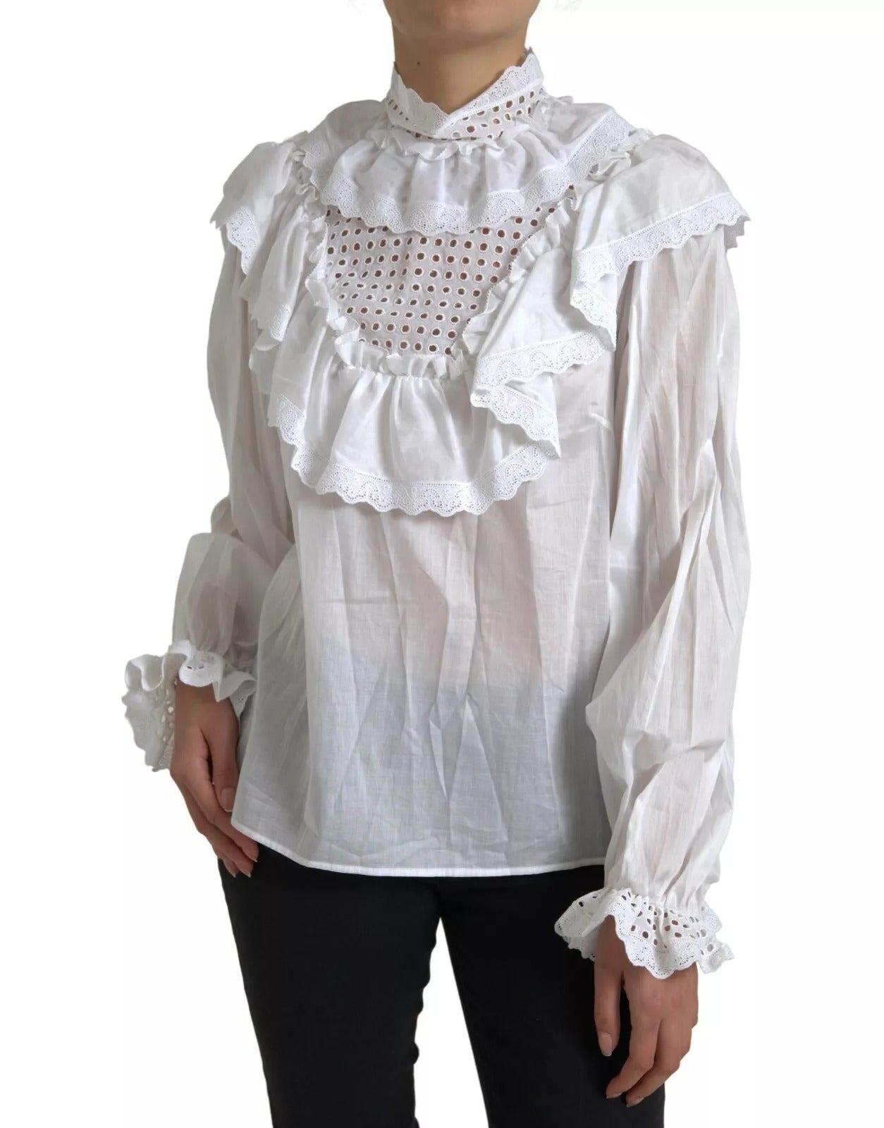 Dolce & Gabbana White Cotton Lace Trim Turtle Neck Blouse LUNESCAPE