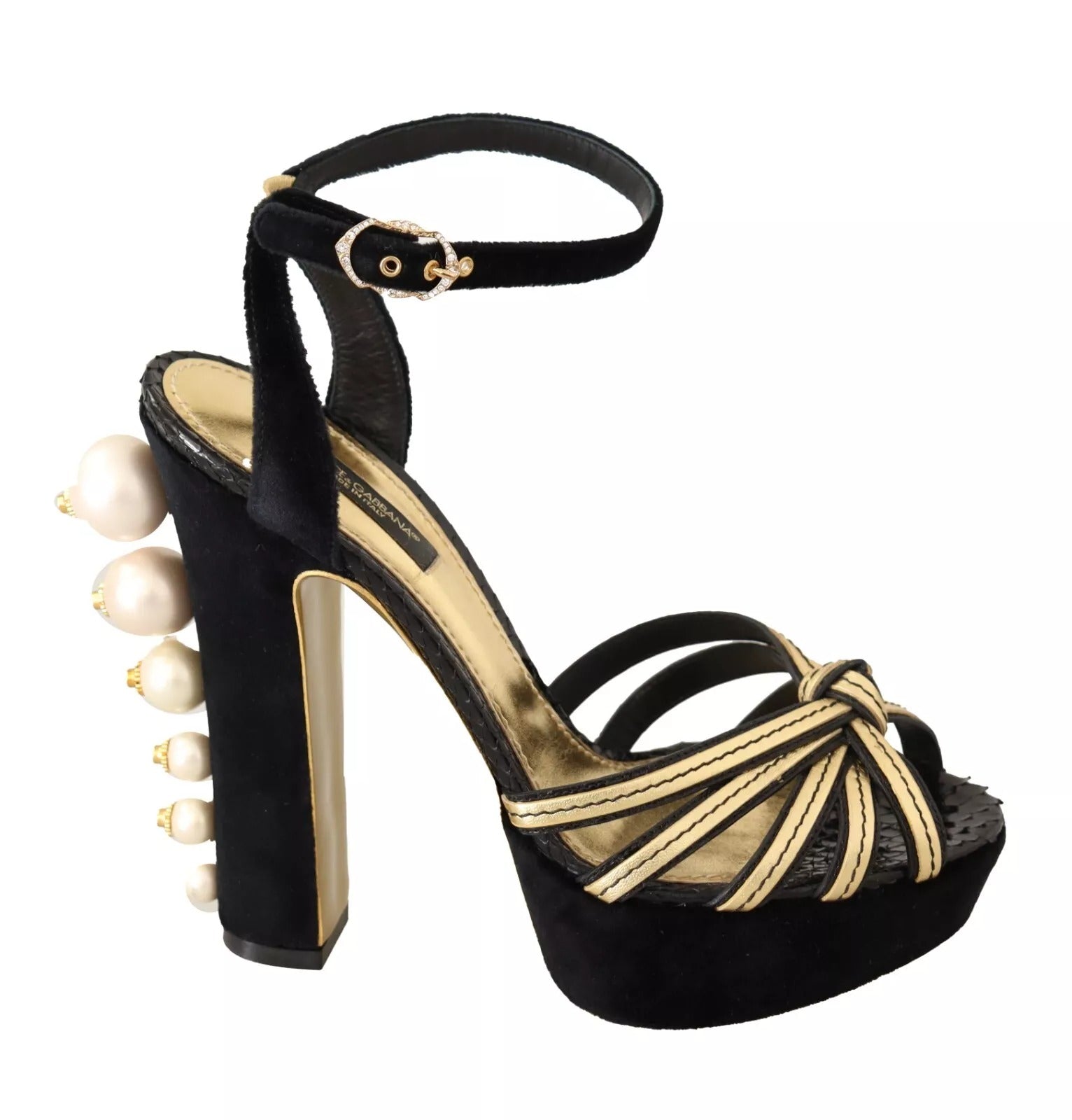 Dolce & Gabbana Black Gold Bianca Faux Pearl Sandals LUNESCAPE