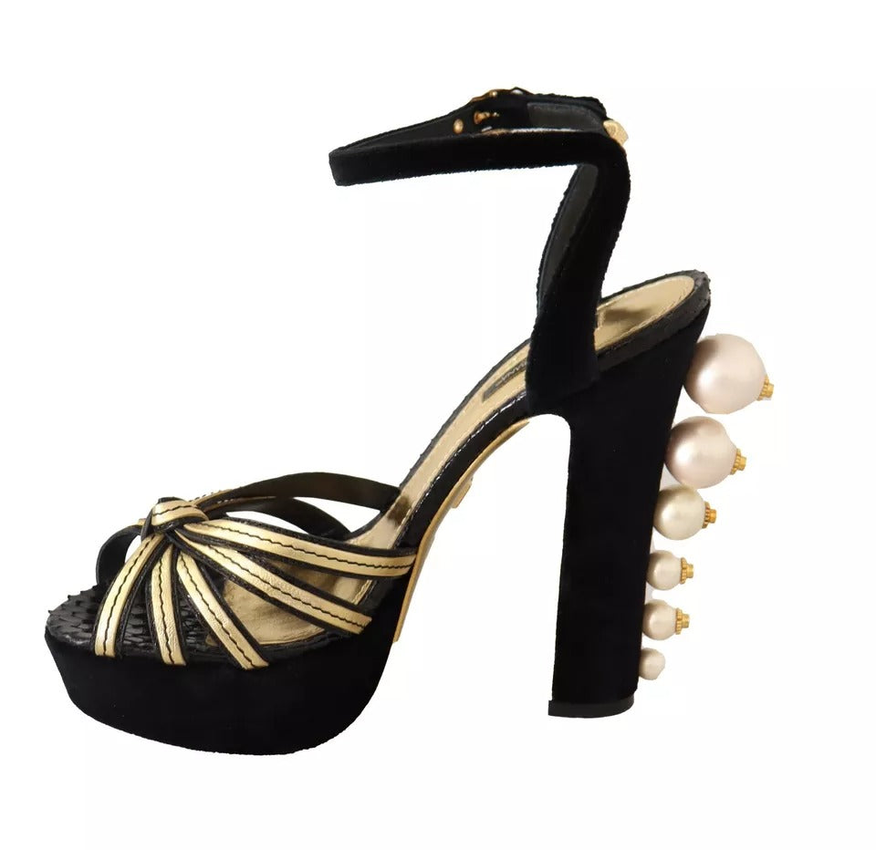 Dolce & Gabbana Black Gold Bianca Faux Pearl Sandals LUNESCAPE