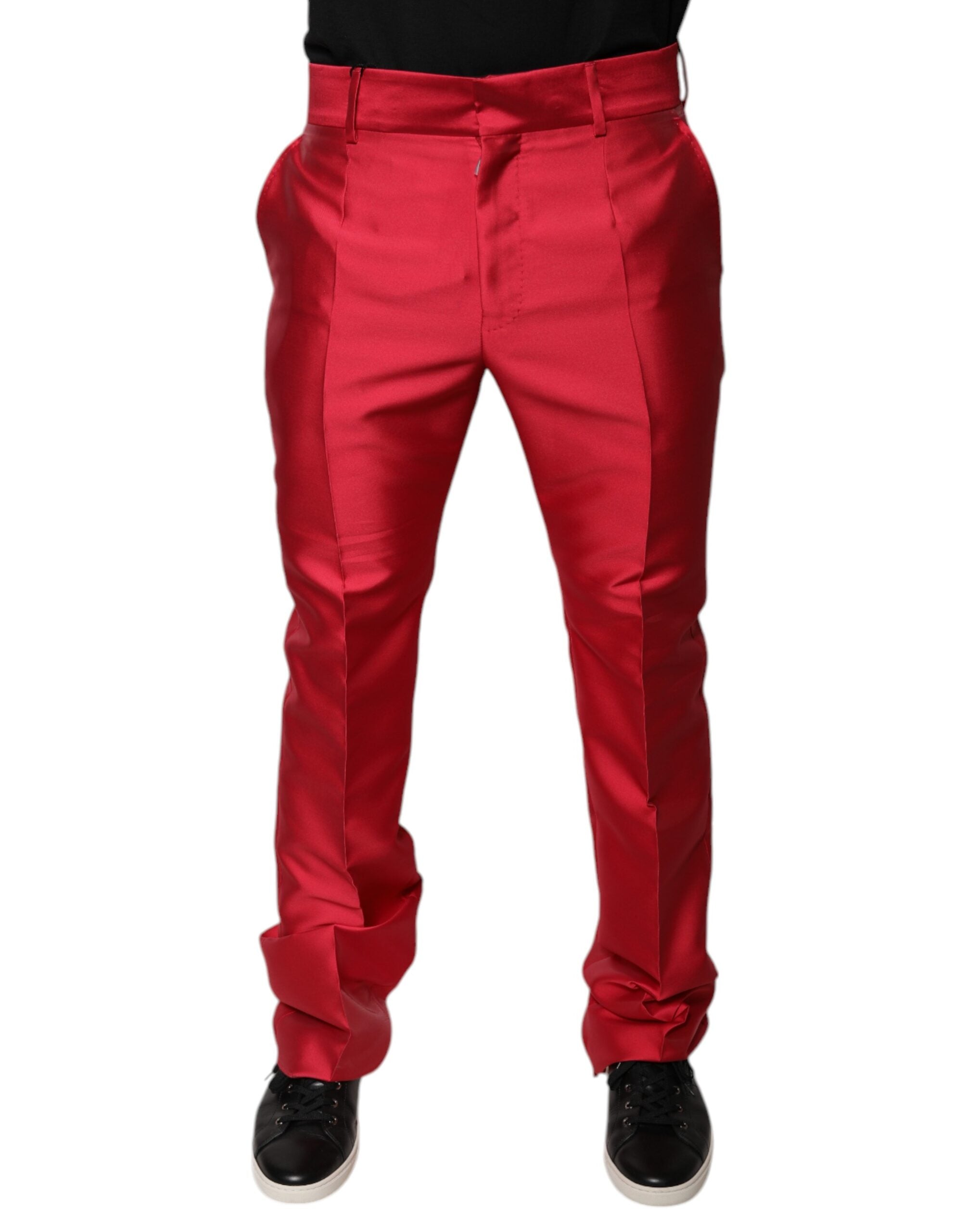 Dolce & Gabbana Red Silk Slim Fit Mid Waist Dress Formal Pants LUNESCAPE