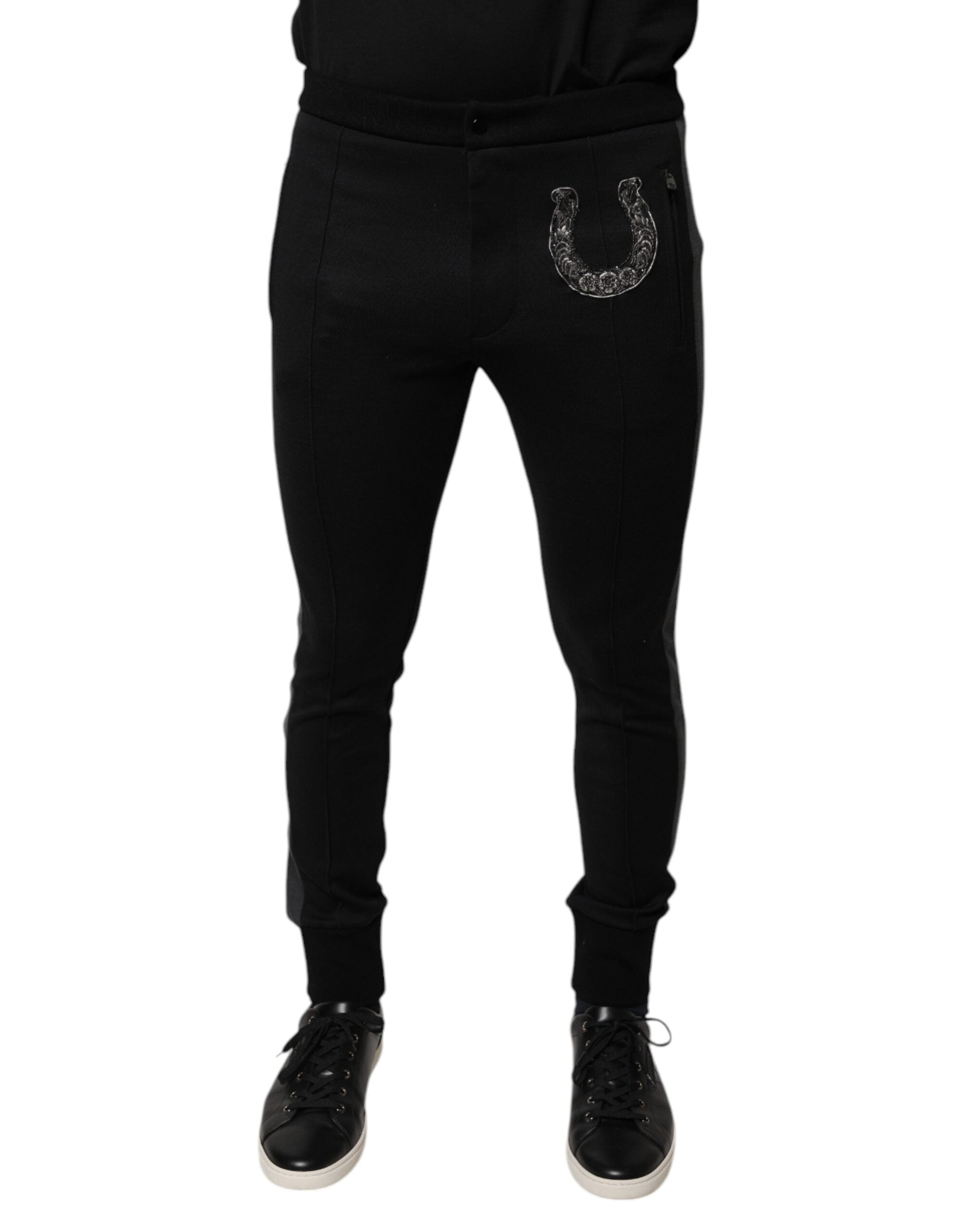 Dolce & Gabbana Black Horseshoe Embellished Wool Slim Fit Pants LUNESCAPE