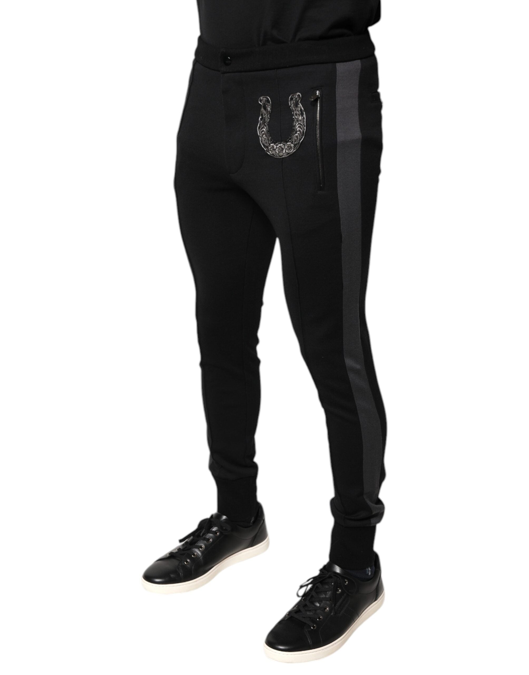 Dolce & Gabbana Black Horseshoe Embellished Wool Slim Fit Pants LUNESCAPE