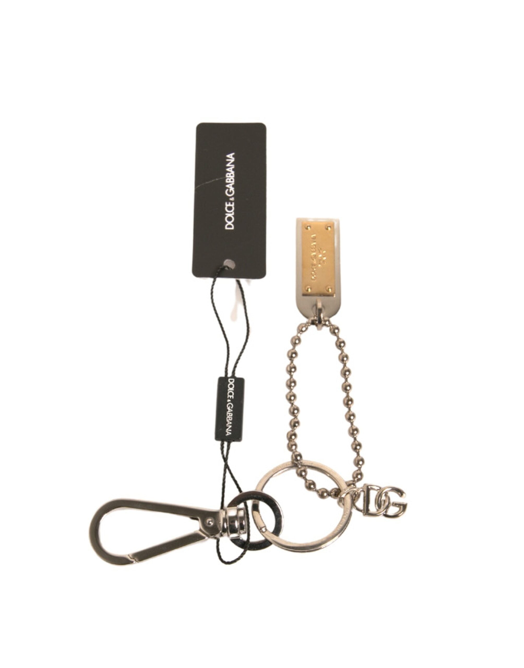 Dolce & Gabbana Silver Brass Chain Beaded Logo Plaque Keychain Keyring LUNESCAPE