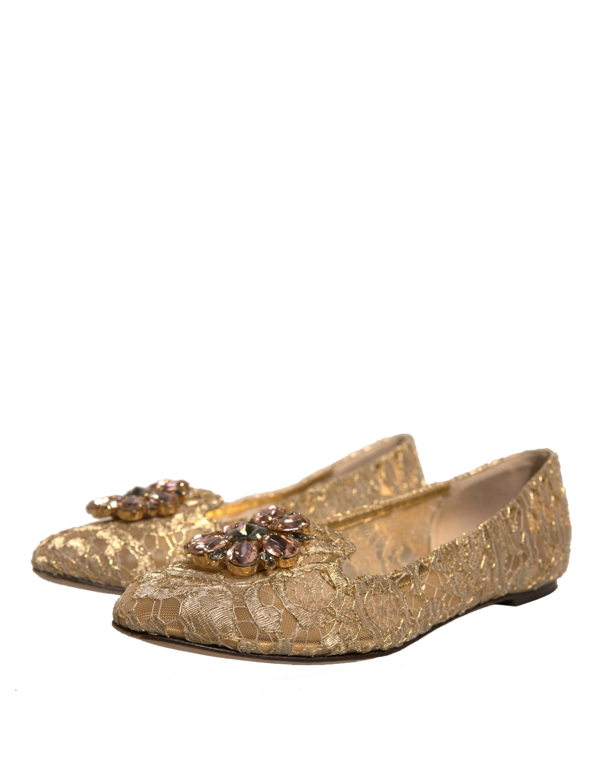 Dolce & Gabbana Gold Crystal Loafer Lace Ballet Flats Shoes LUNESCAPE