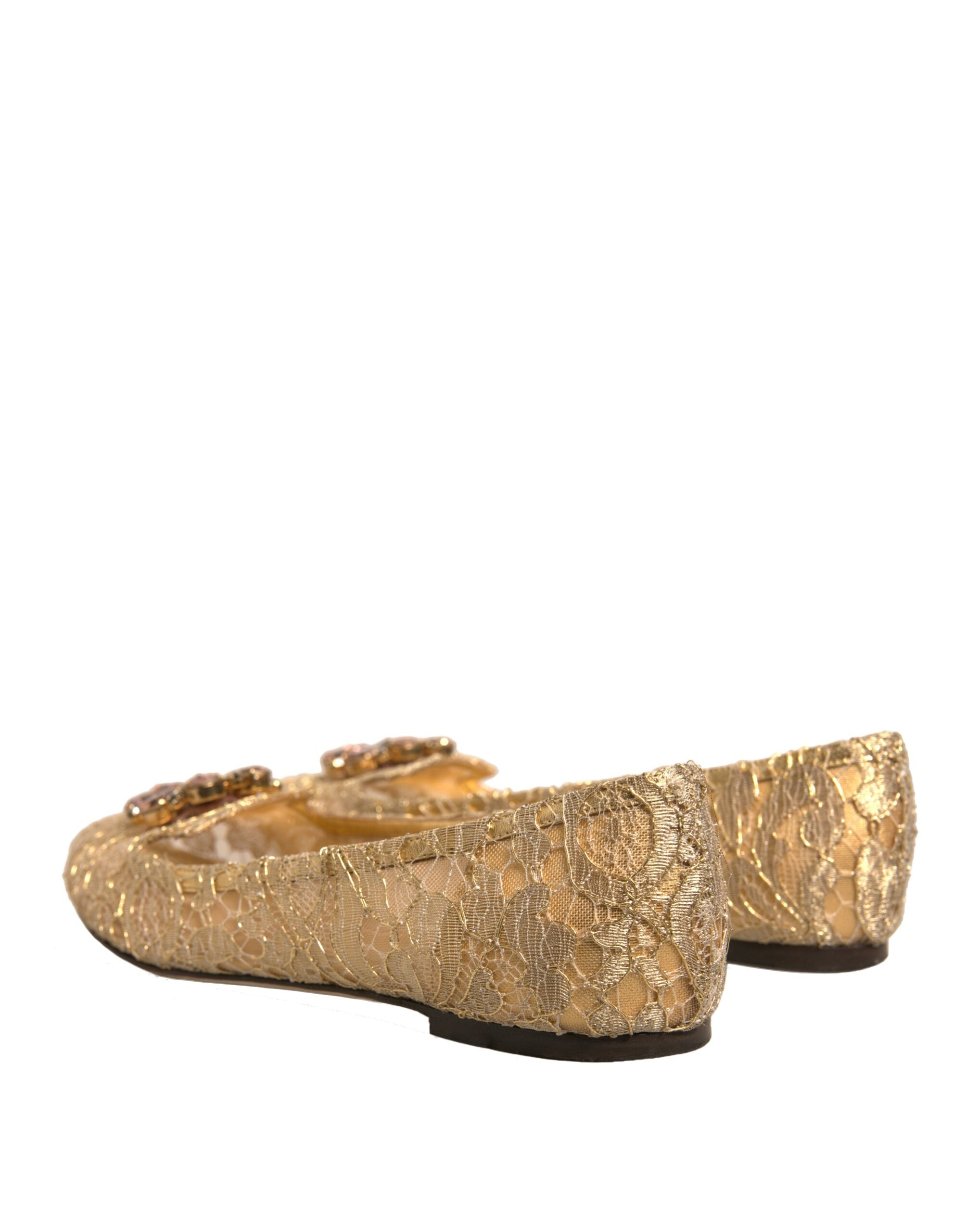 Dolce & Gabbana Gold Crystal Loafer Lace Ballet Flats Shoes LUNESCAPE