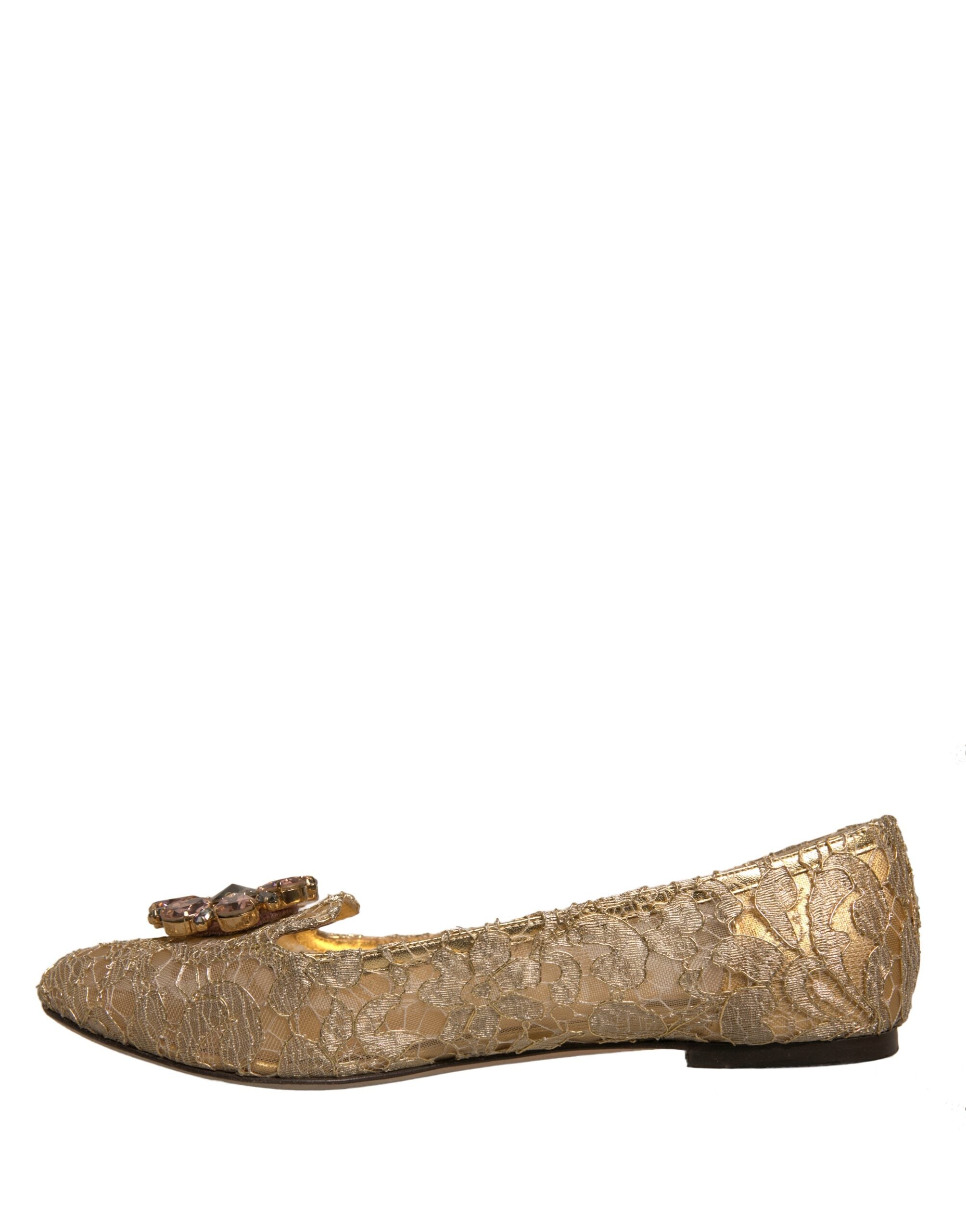 Dolce & Gabbana Gold Crystal Loafer Lace Ballet Flats Shoes LUNESCAPE