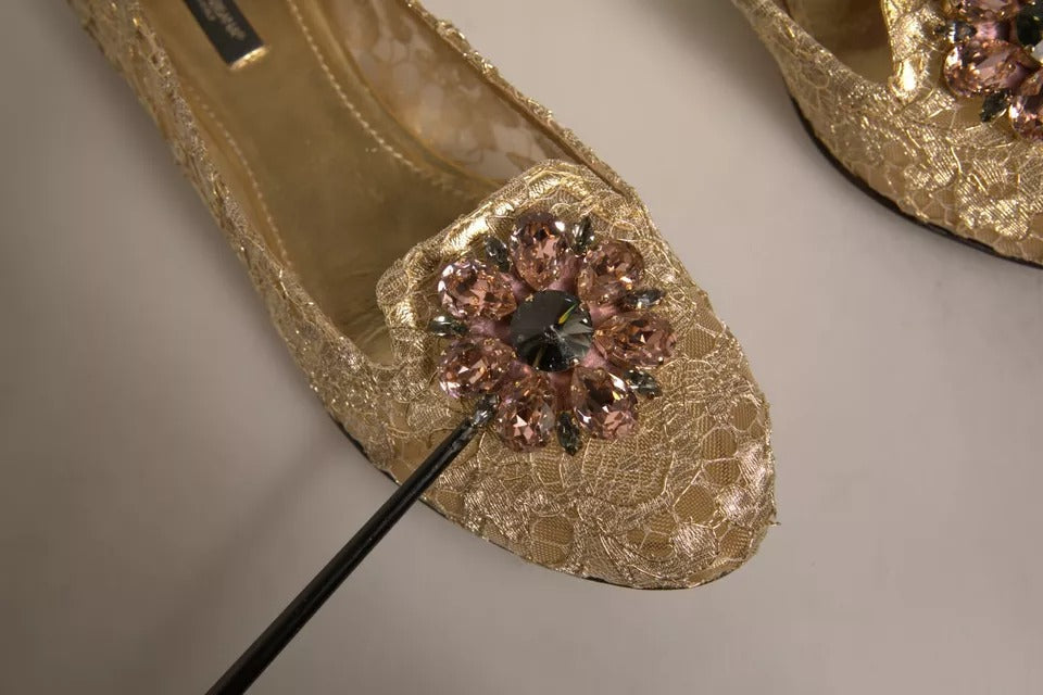 Dolce & Gabbana Gold Crystal Loafer Lace Ballet Flats Shoes LUNESCAPE