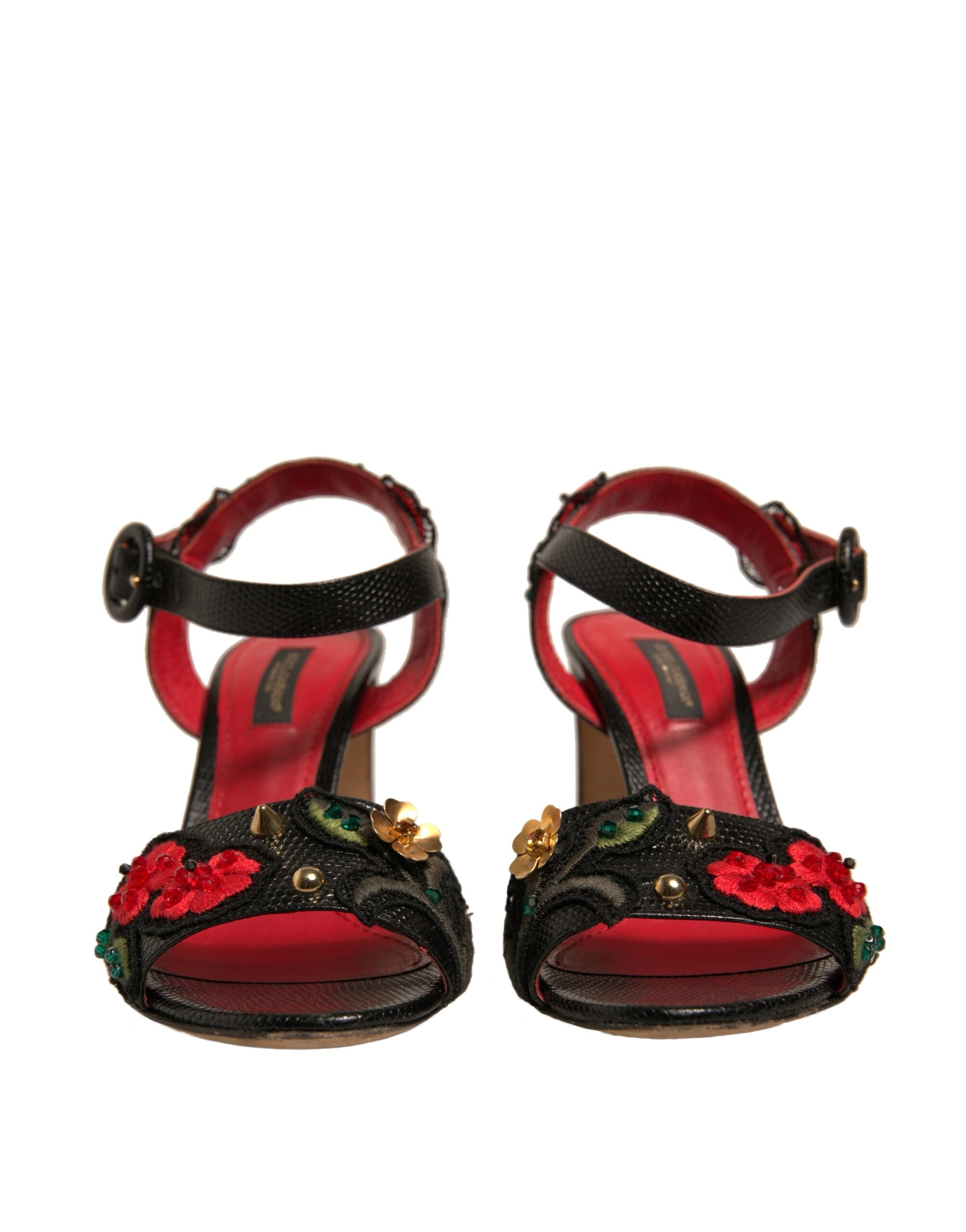 Dolce & Gabbana Black Embossed Carnation Heeled Sandals Shoes LUNESCAPE