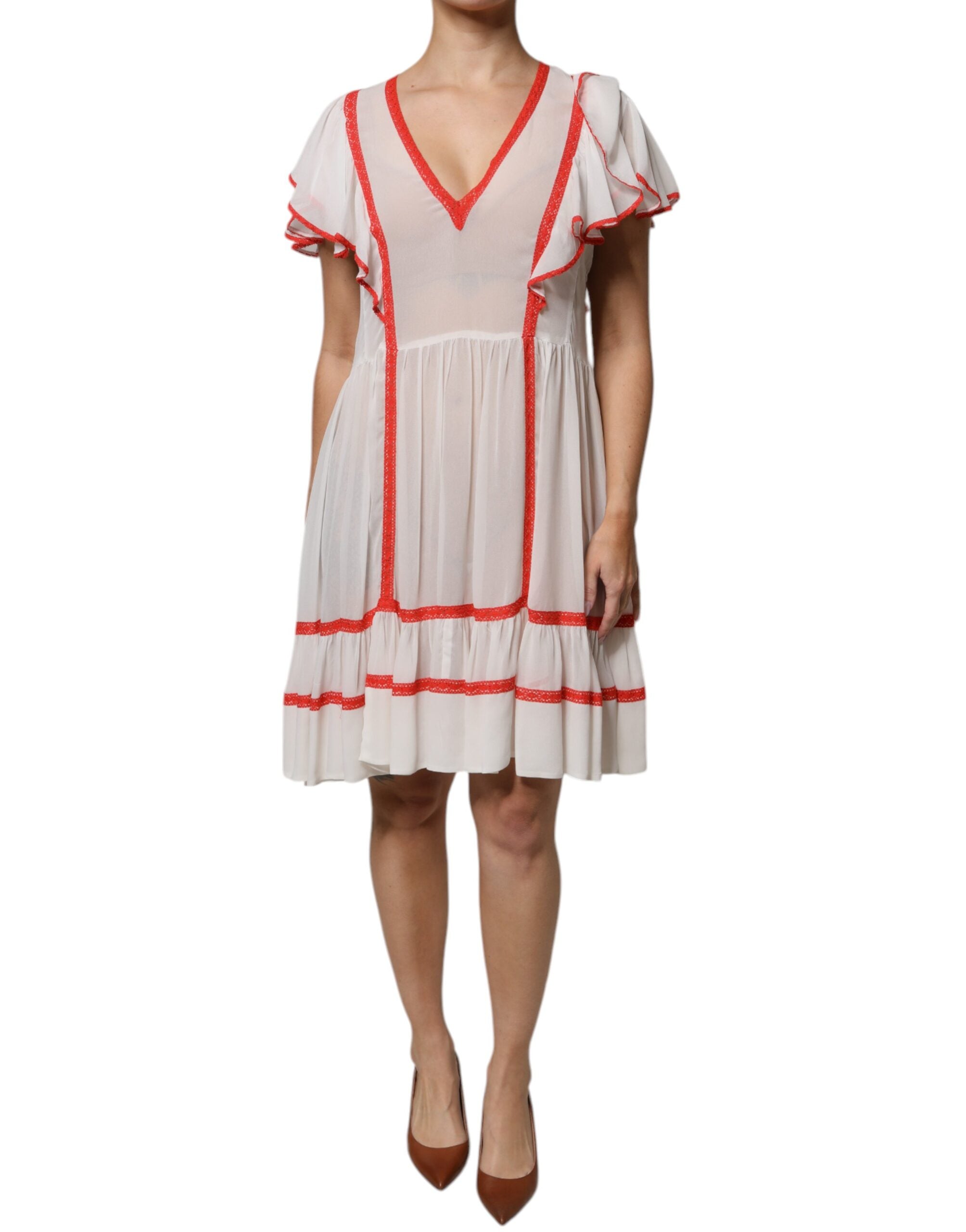 Twinset White Viscose Ruffle Sleeves A-line Pleated Mini Dress LUNESCAPE