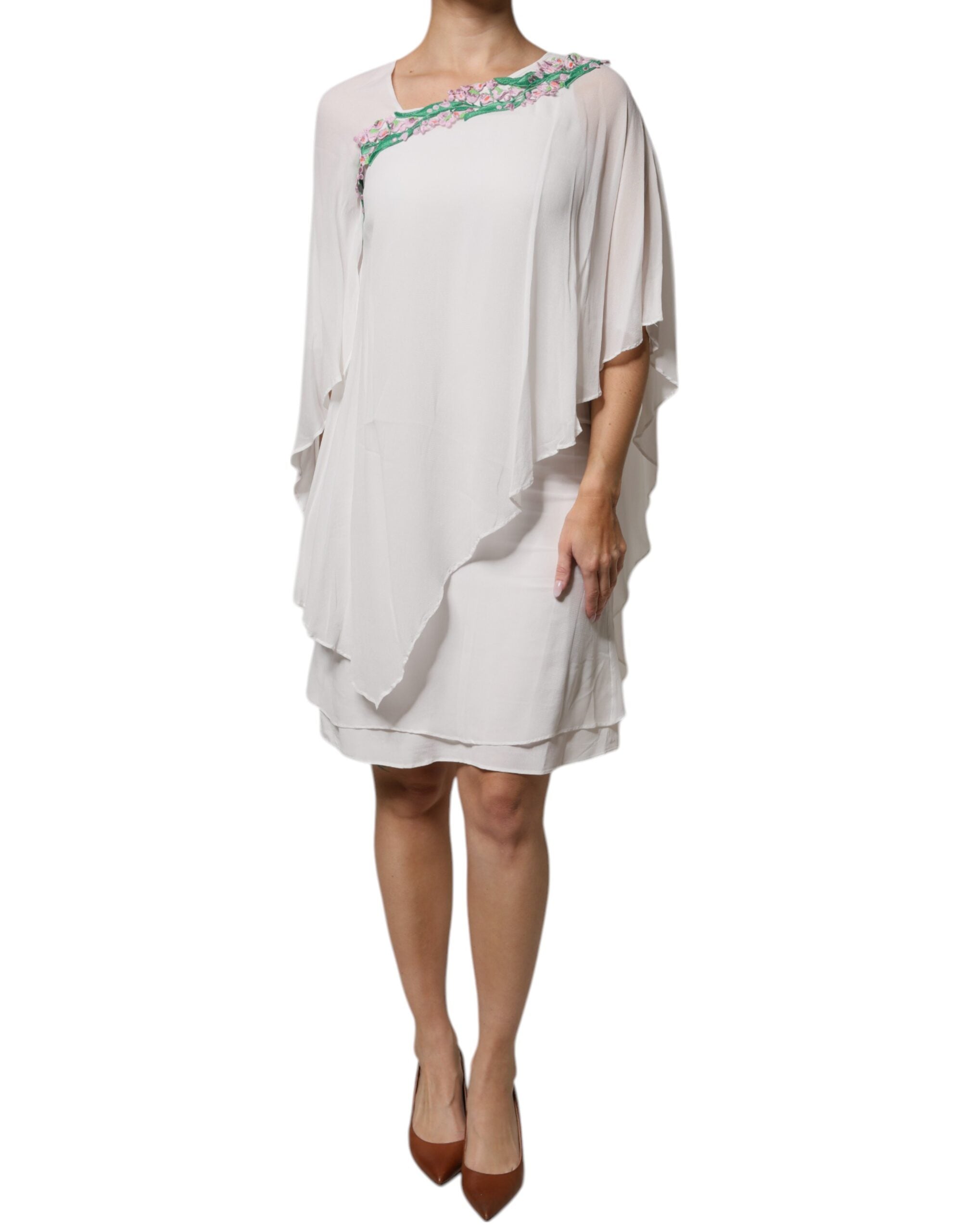 Blumarine White Floral Embroidery Viscose Chiffon Shift Dress LUNESCAPE