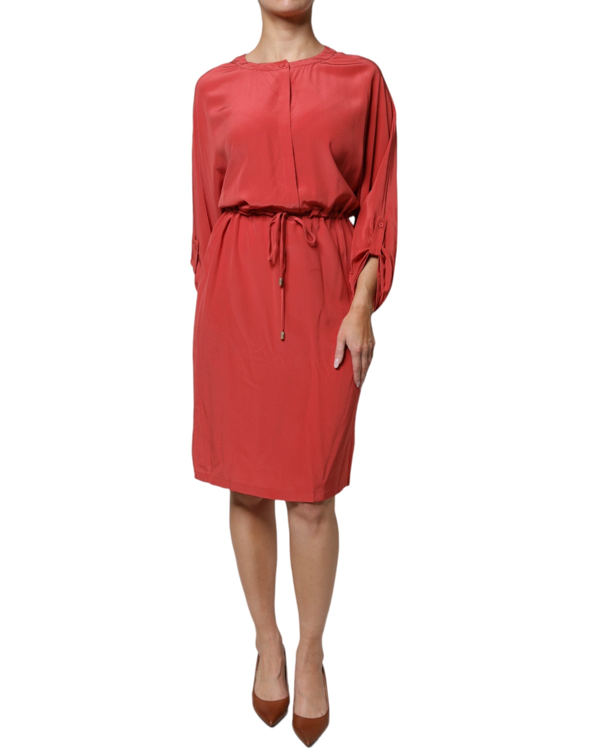 Peserico Red Long Sleeves Pencil Cut Drawstring Waist Dress LUNESCAPE