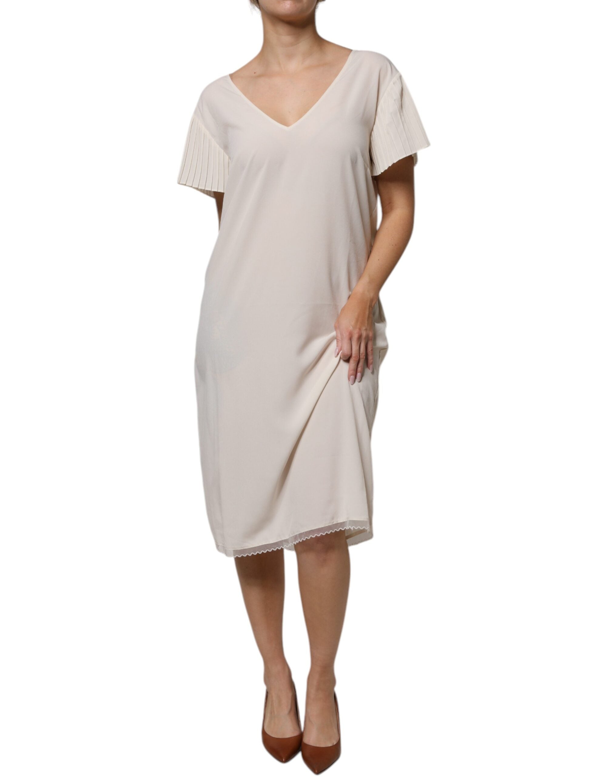 Peserico Off White Short Sleeves V-neck Shift Midi Dress LUNESCAPE