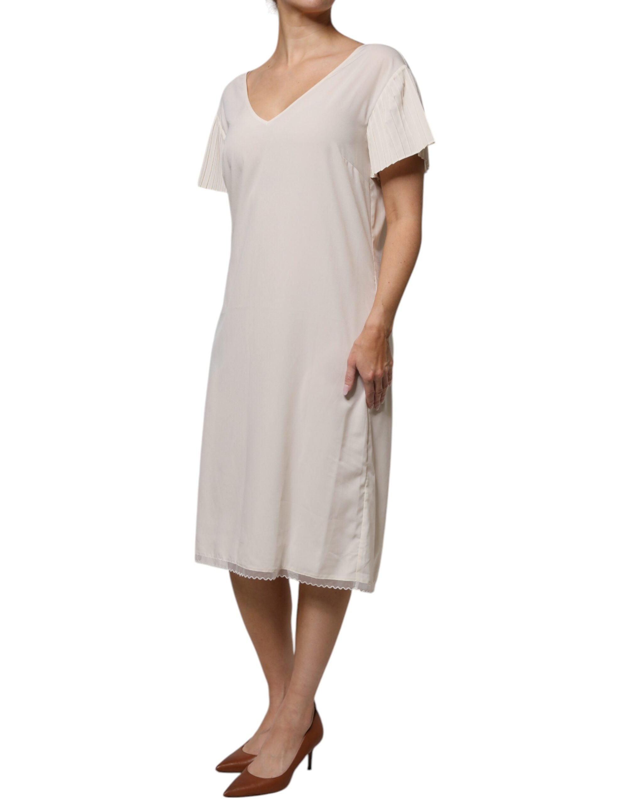 Peserico Off White Short Sleeves V-neck Shift Midi Dress LUNESCAPE