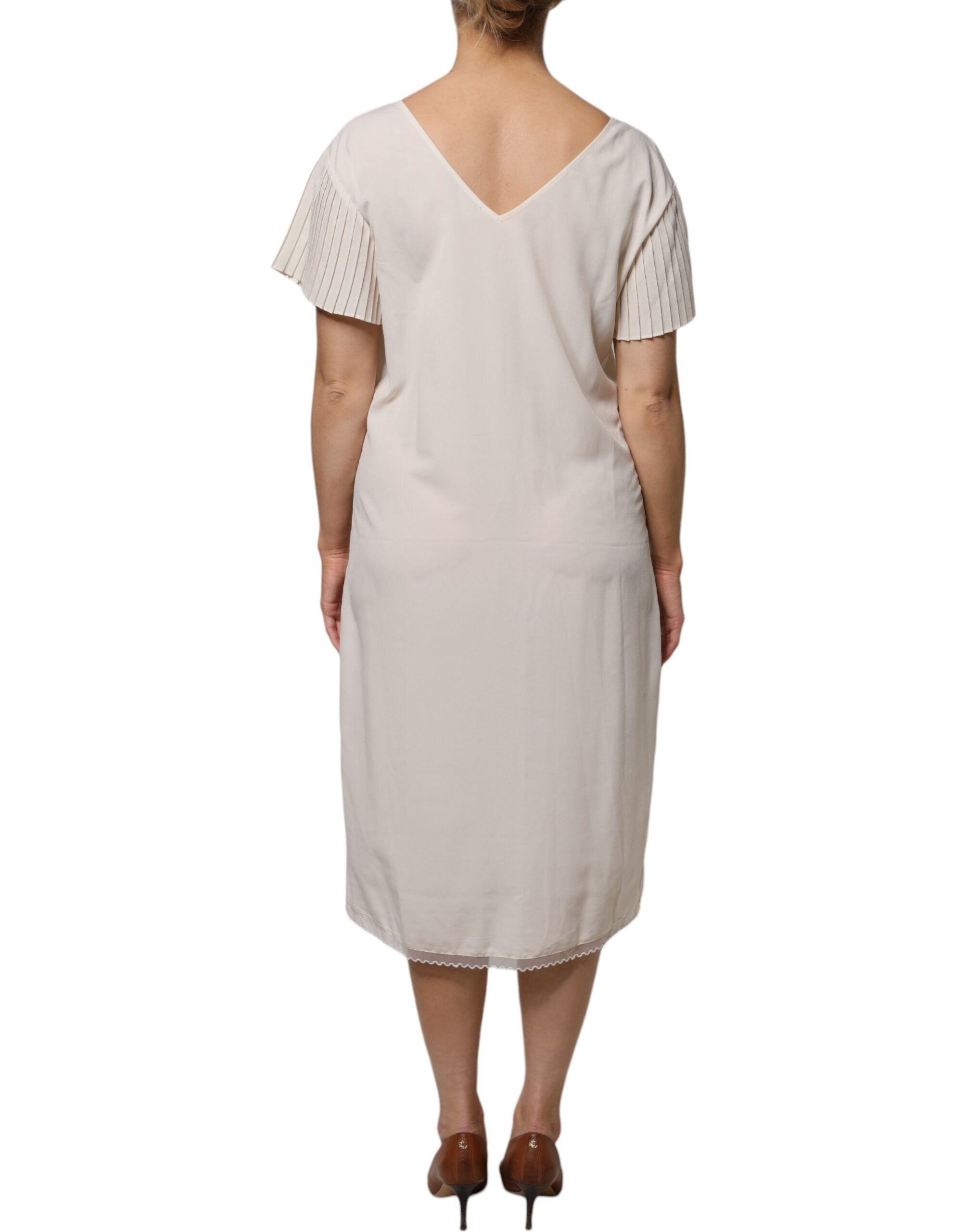 Peserico Off White Short Sleeves V-neck Shift Midi Dress LUNESCAPE