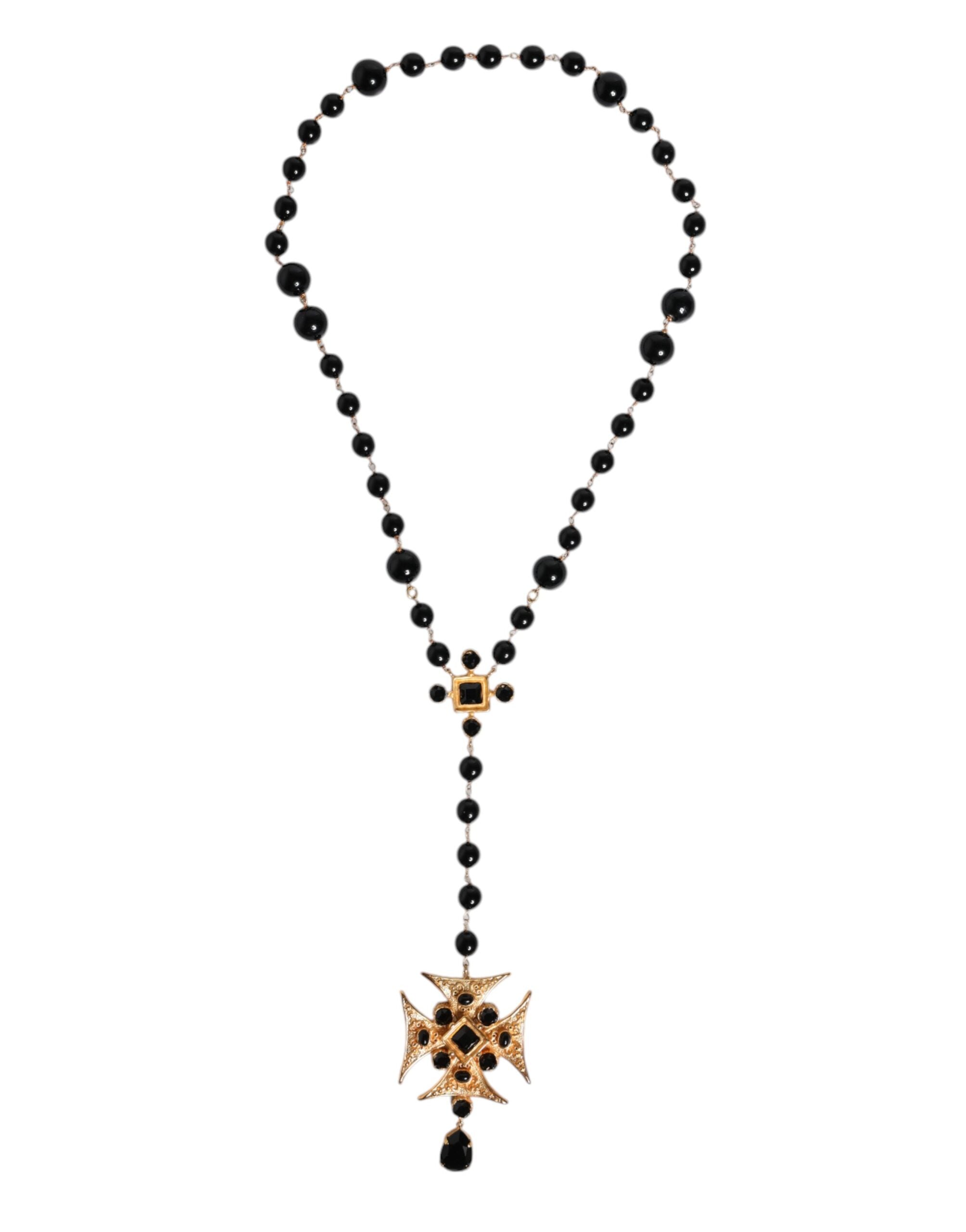 Dolce & Gabbana Gold Tone Brass Cross Black Beaded Chain Rosary Necklace LUNESCAPE