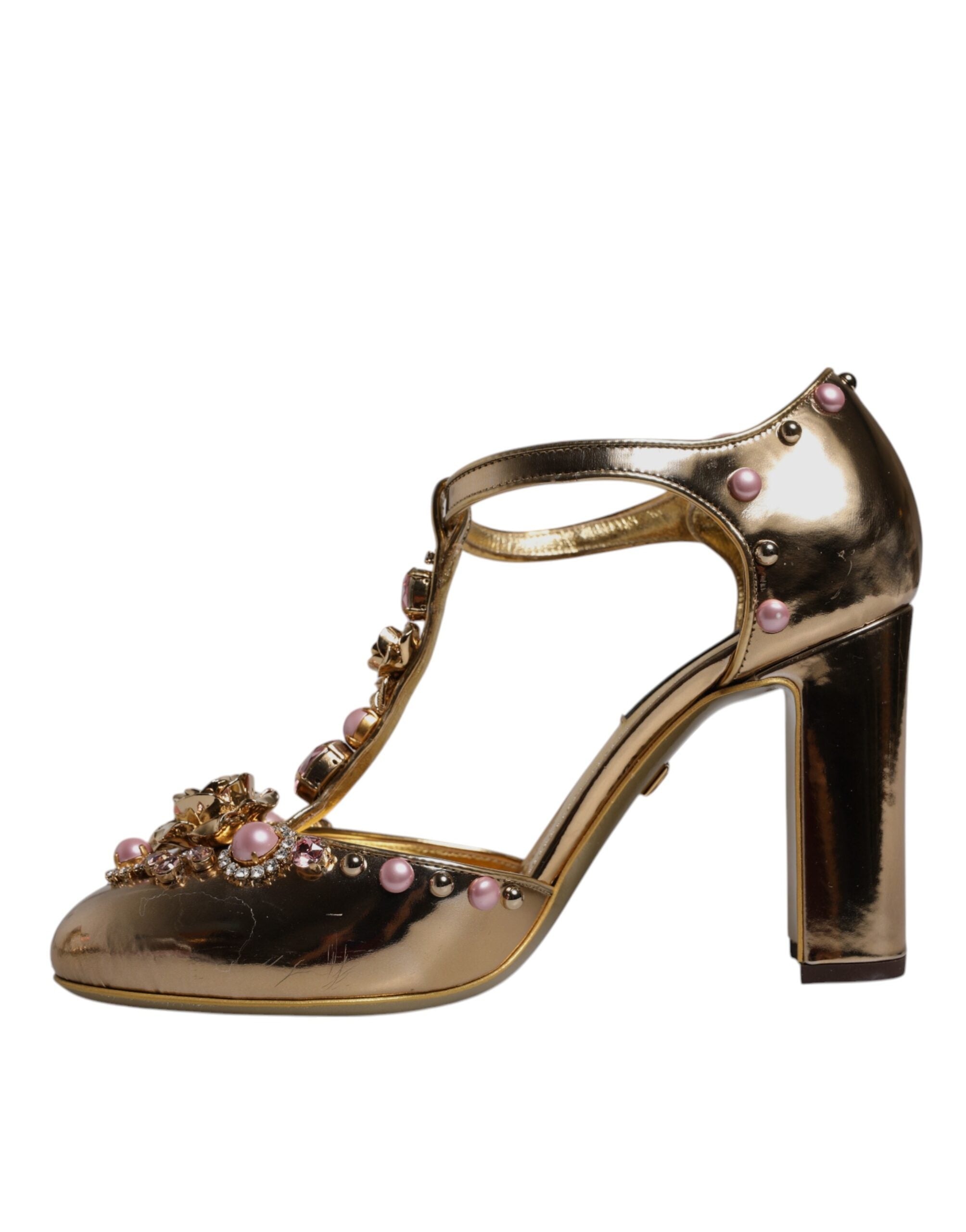 Dolce & Gabbana Gold Pearl and Crystal Vally T-Strap Block Heel Pump LUNESCAPE