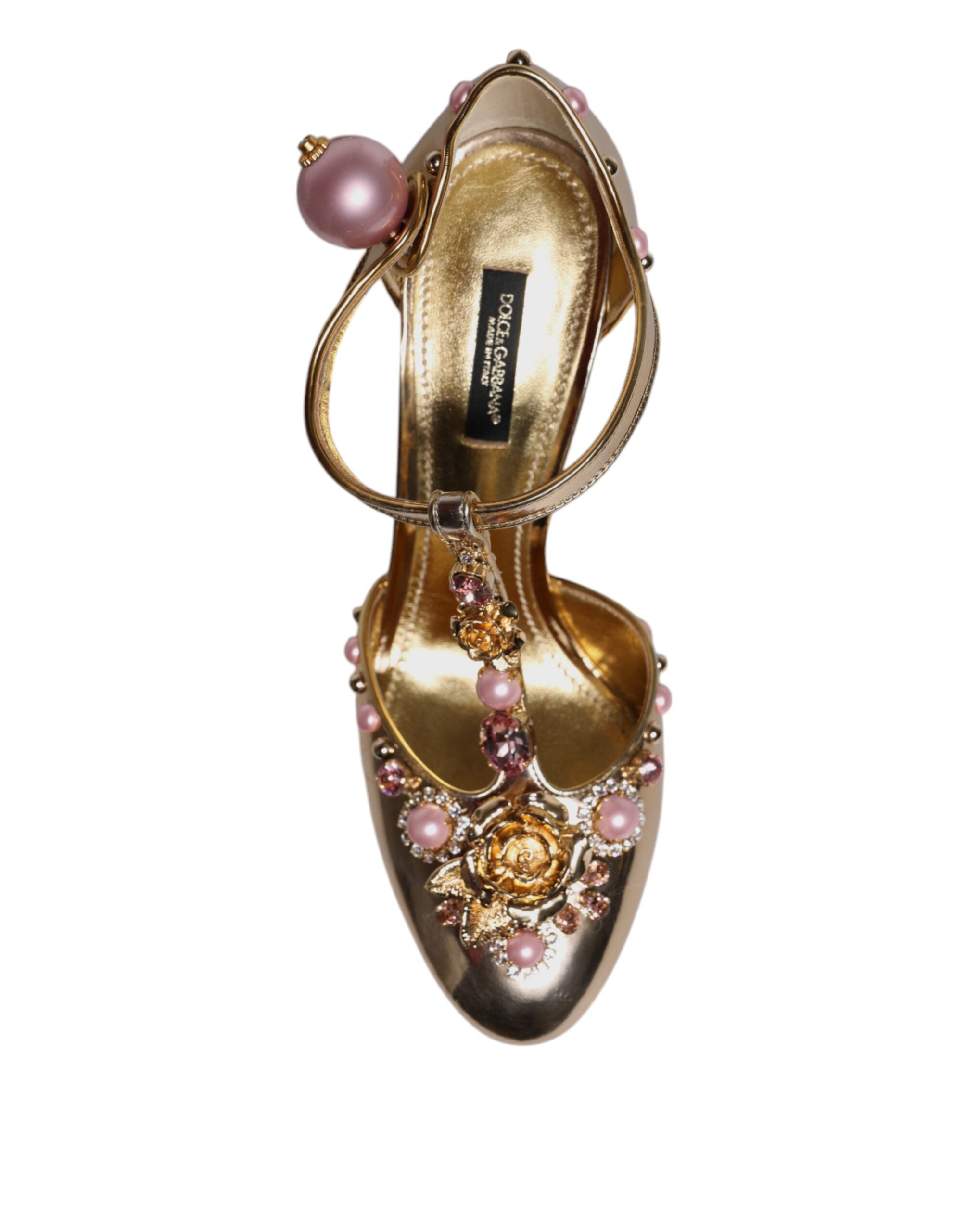 Dolce & Gabbana Gold Pearl and Crystal Vally T-Strap Block Heel Pump LUNESCAPE